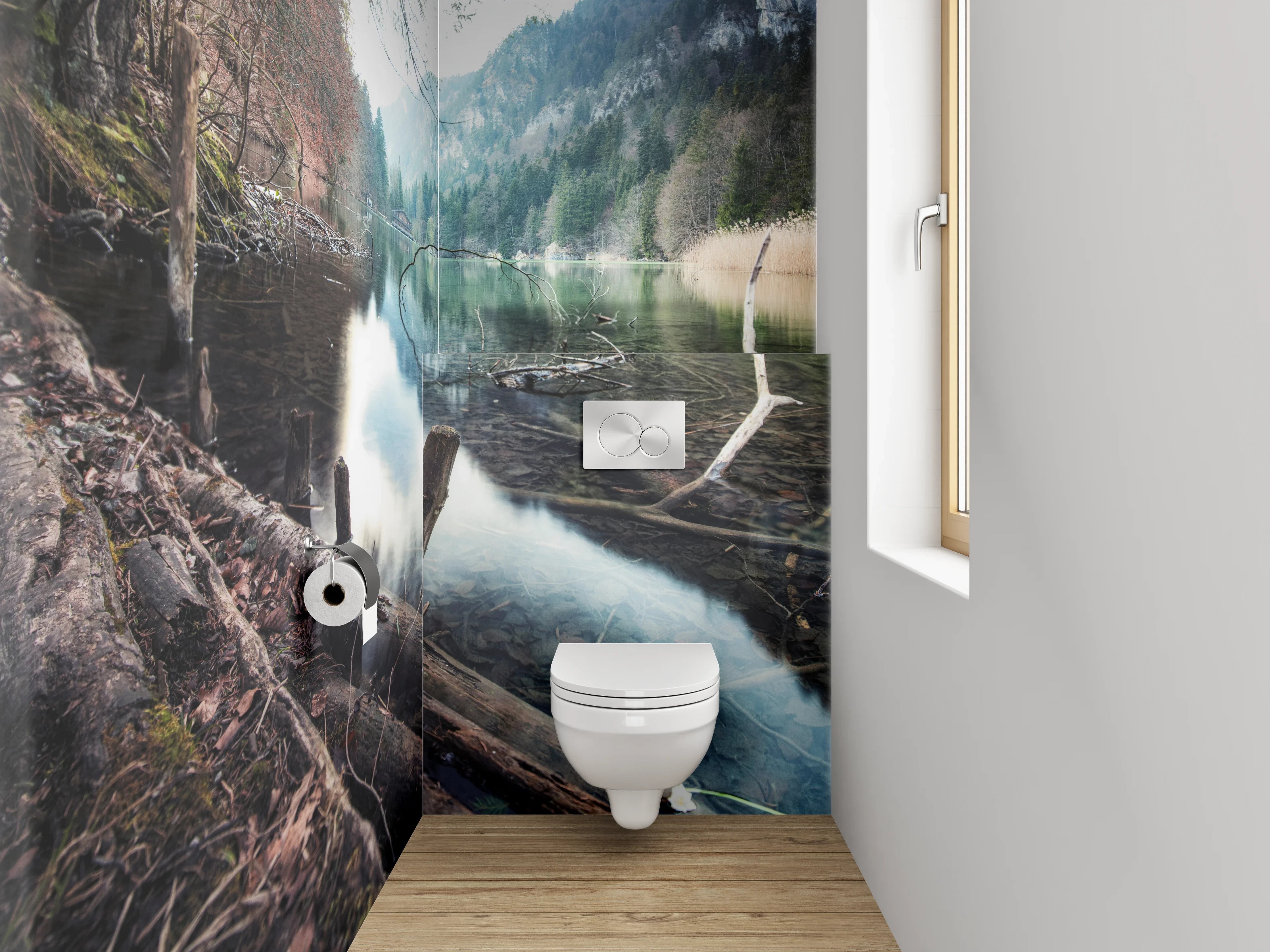 WC-Rückwand - Idyllischer Bergsee im Wald