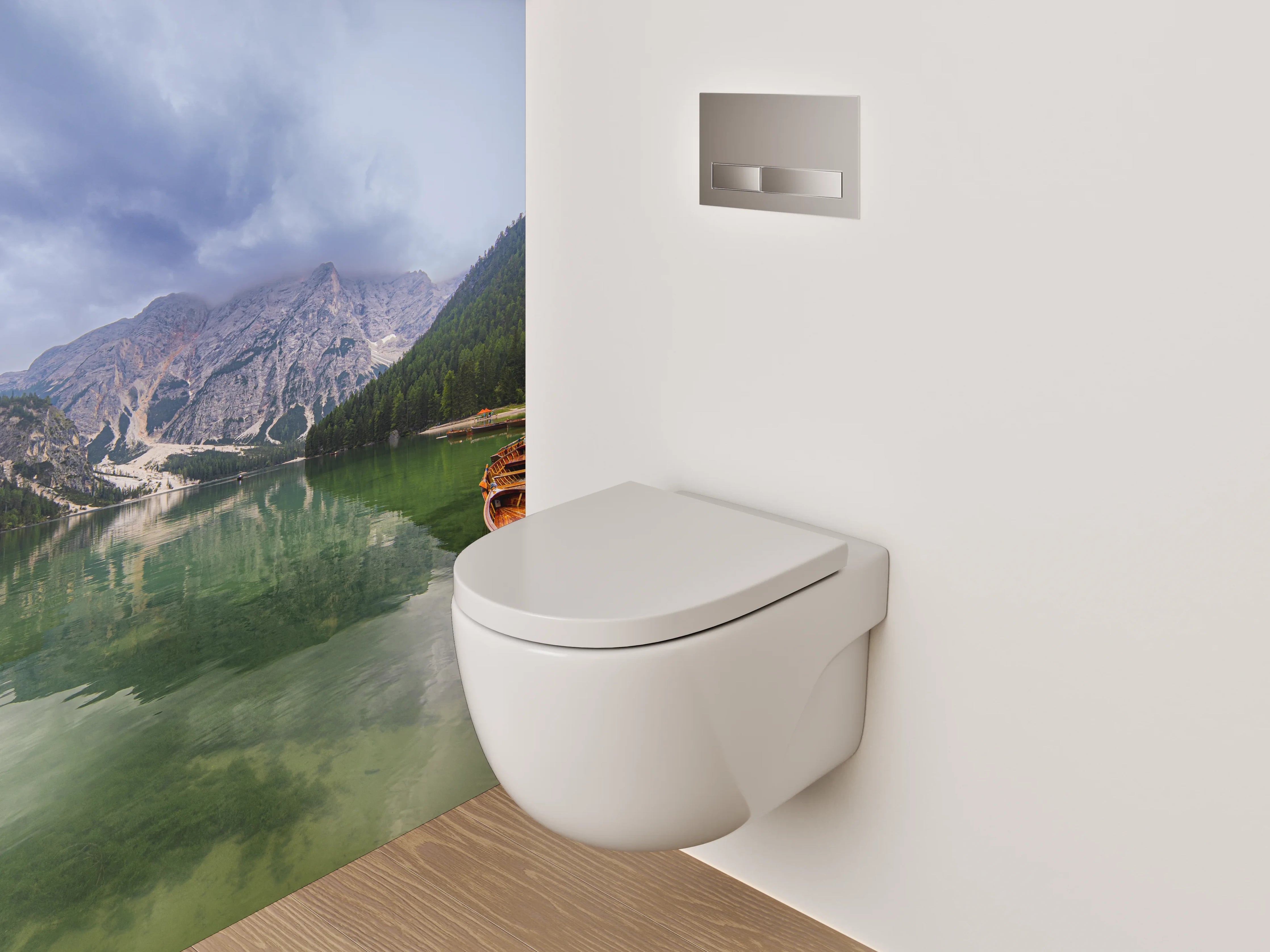 WC-Rückwand - Idyllischer Bergsee mit Booten