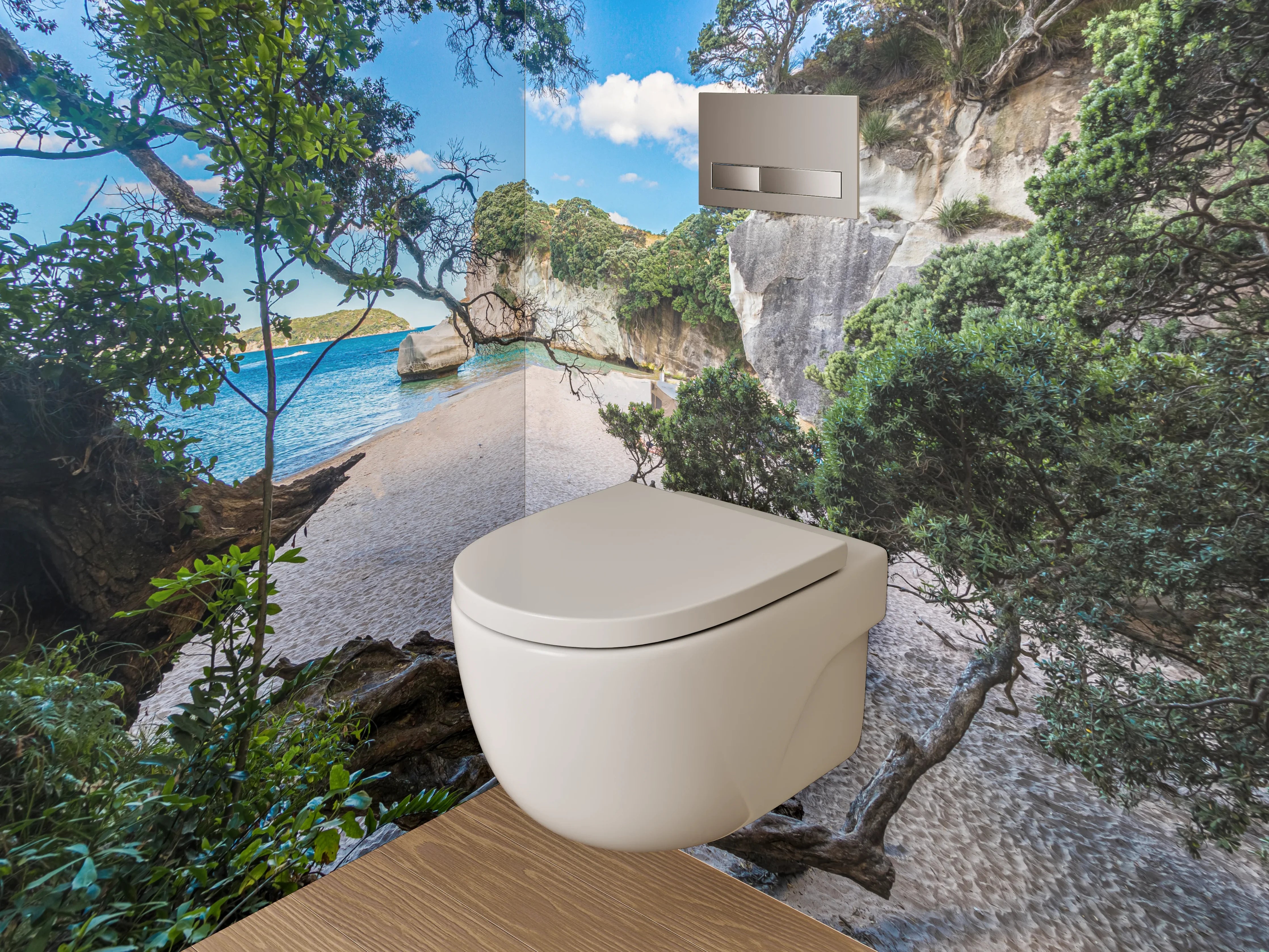 WC-Rückwand - Idyllischer Sandstrand mit Felsen und Bäumen