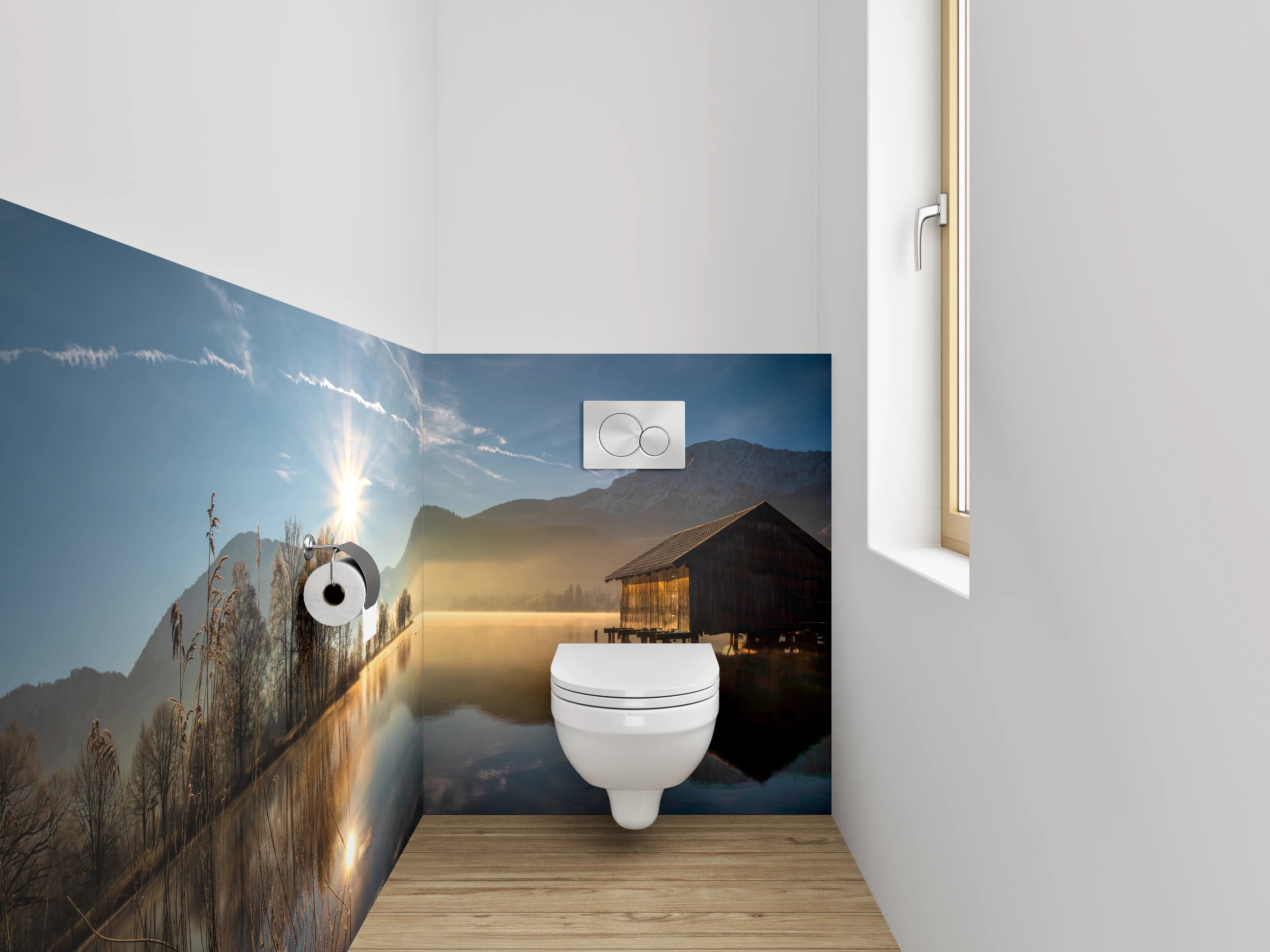 WC-Rückwand - Idyllischer See mit Holzhaus Panorama