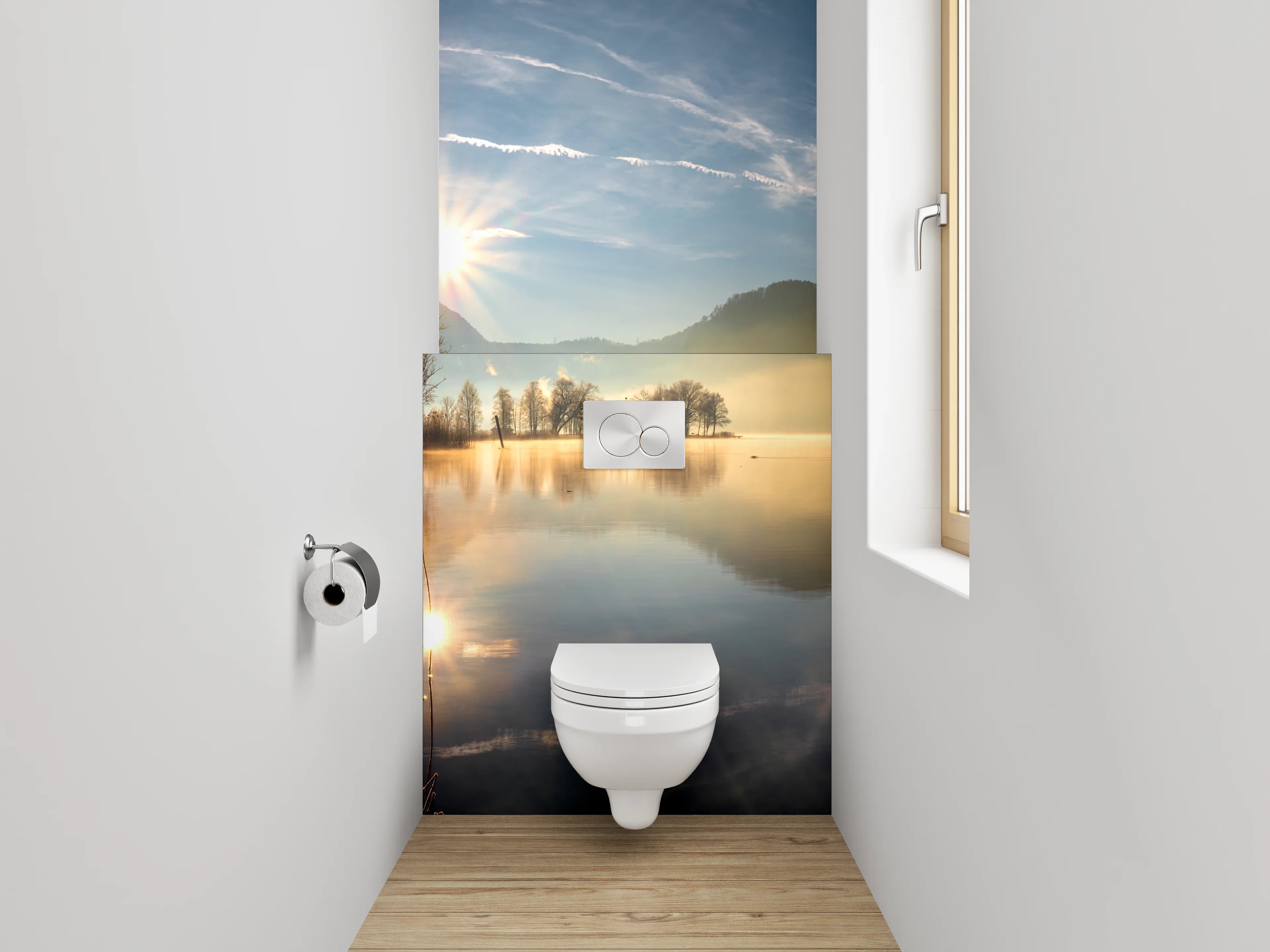 WC-Rückwand - Idyllischer See mit Holzhaus Panorama