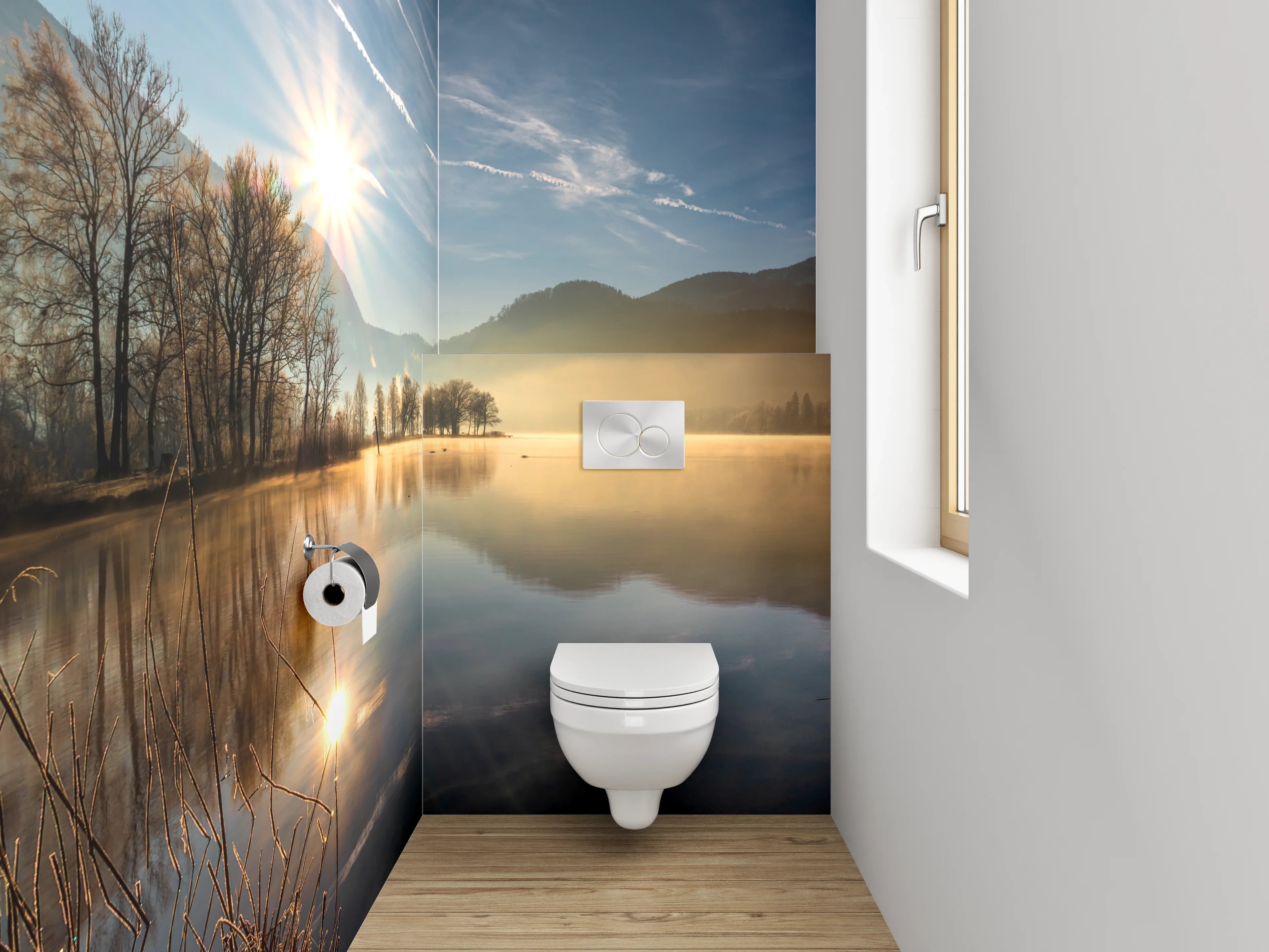 WC-Rückwand - Idyllischer See mit Holzhaus Panorama