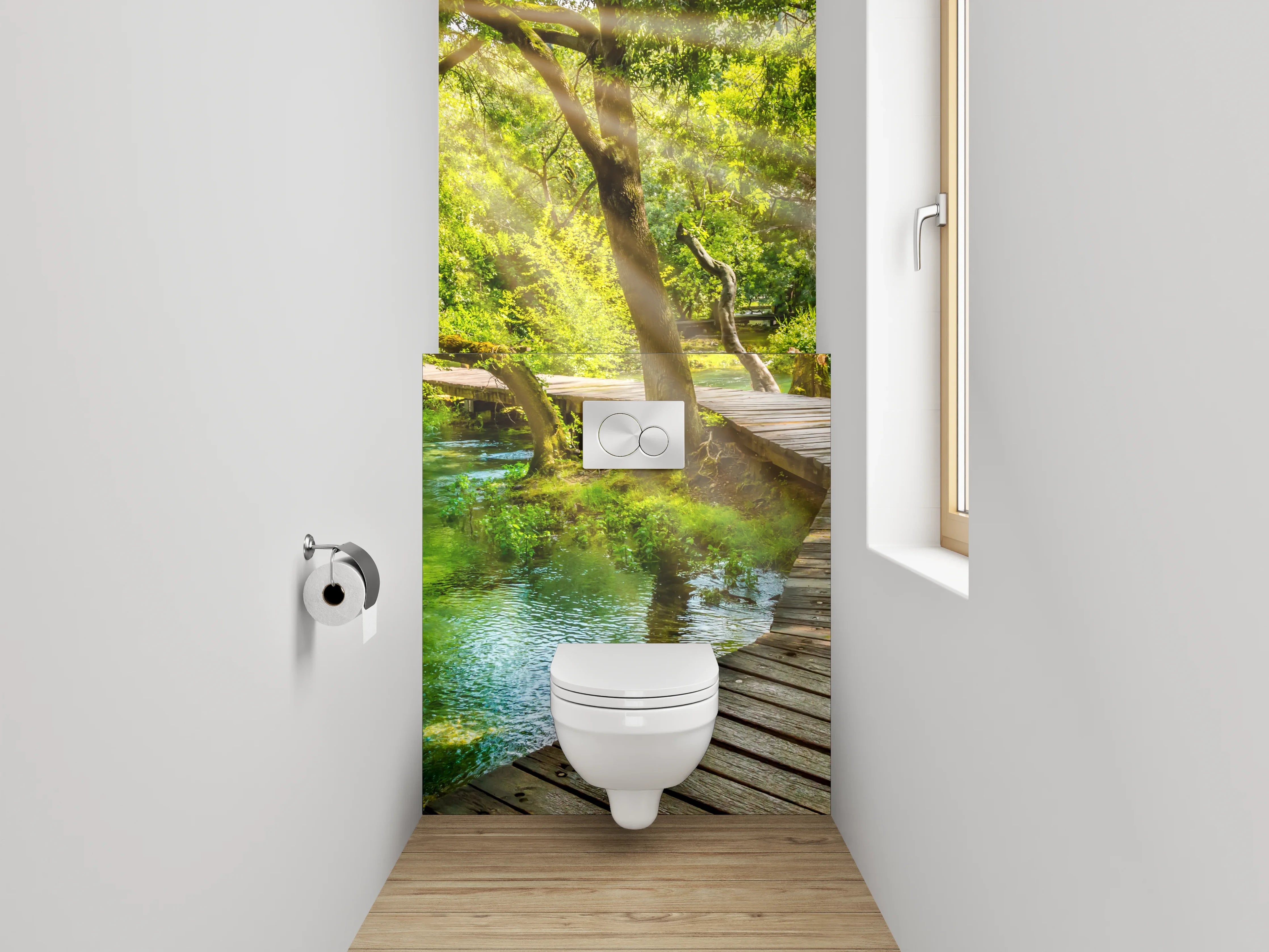 WC-Rückwand - Idyllischer Waldweg mit Sonnenstrahlen