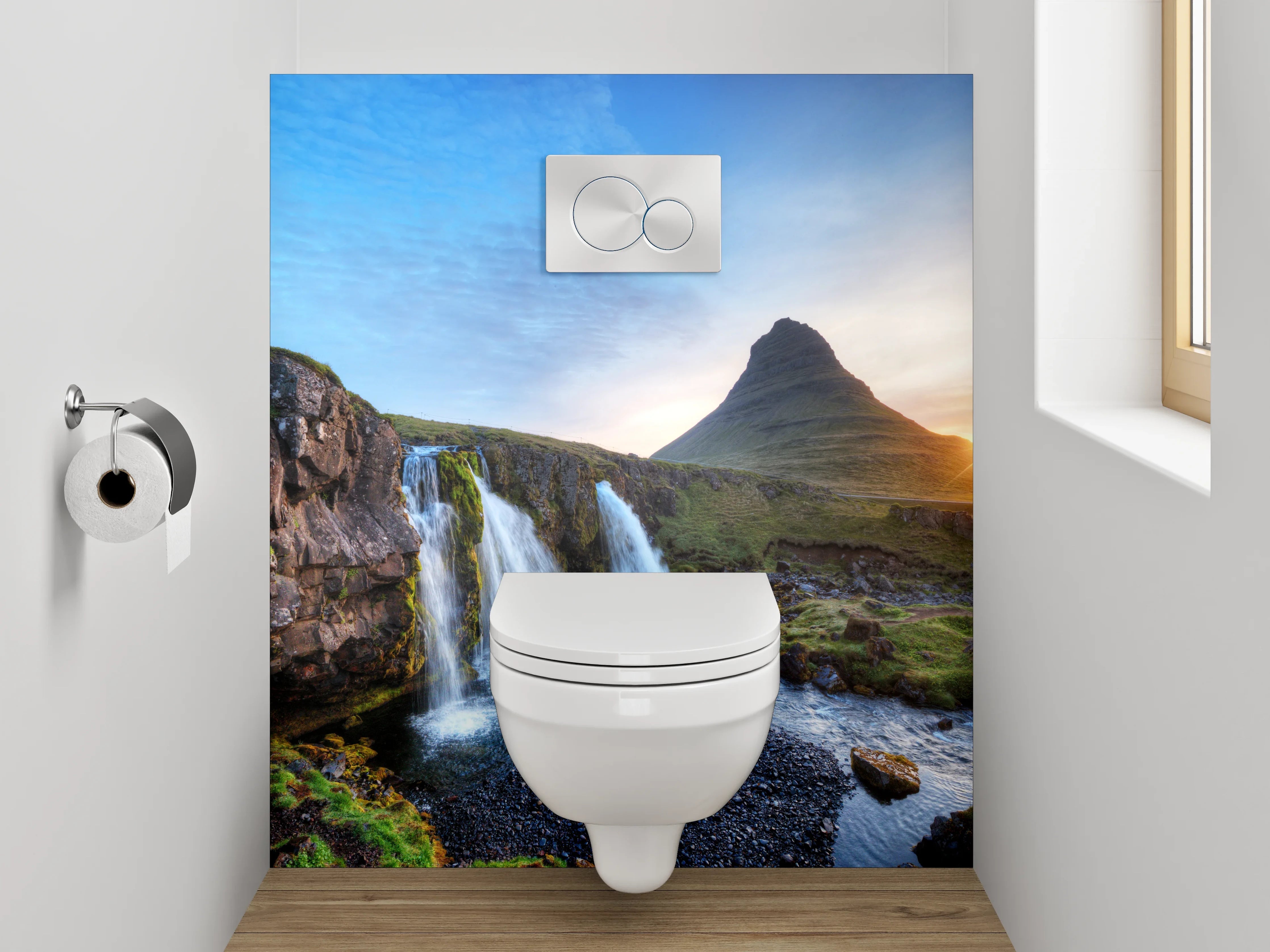 WC-Rückwand - Islandischer Wasserfall und Bergpanorama