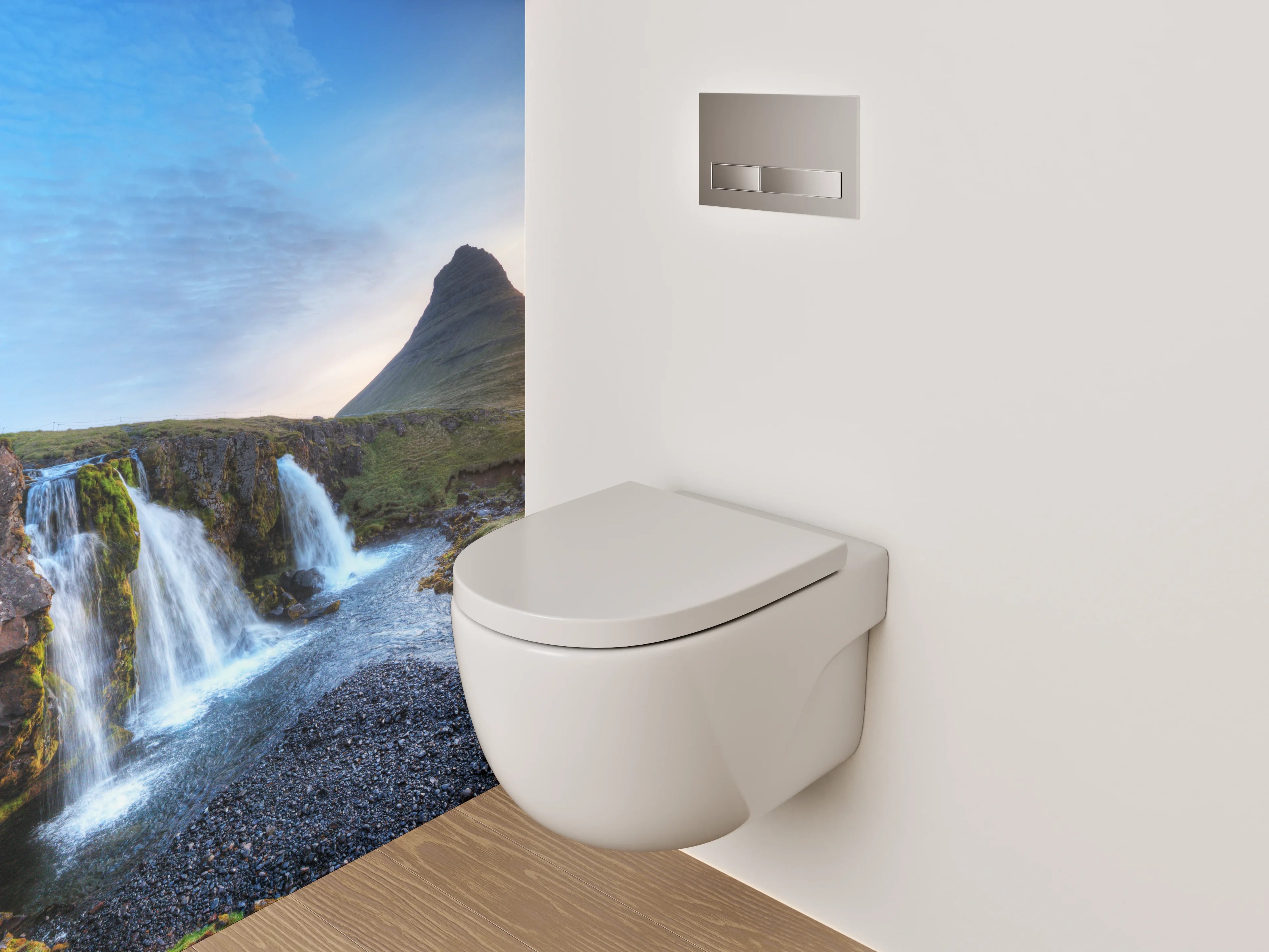 WC-Rückwand - Islandischer Wasserfall und Bergpanorama