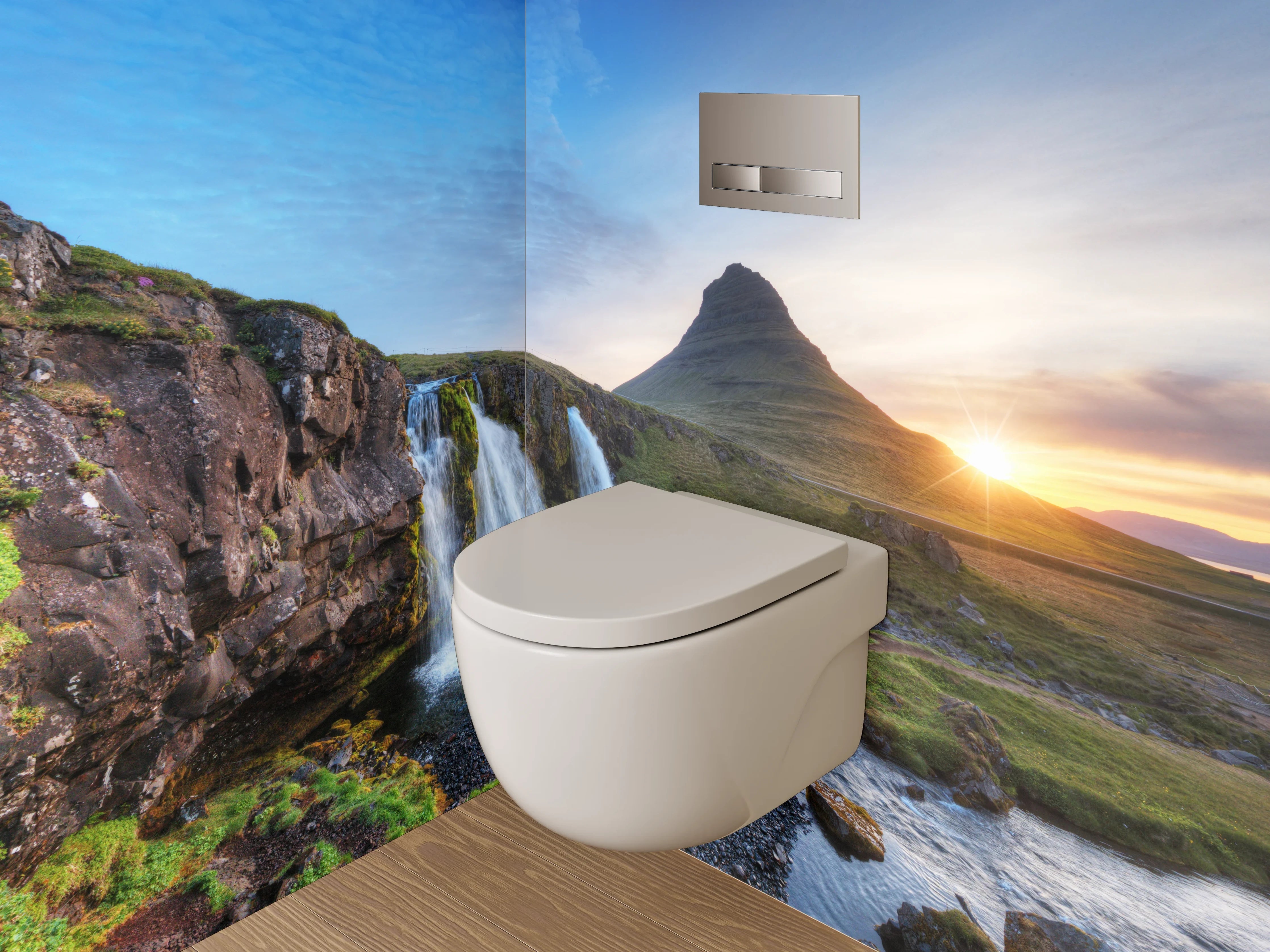 WC-Rückwand - Islandischer Wasserfall und Bergpanorama