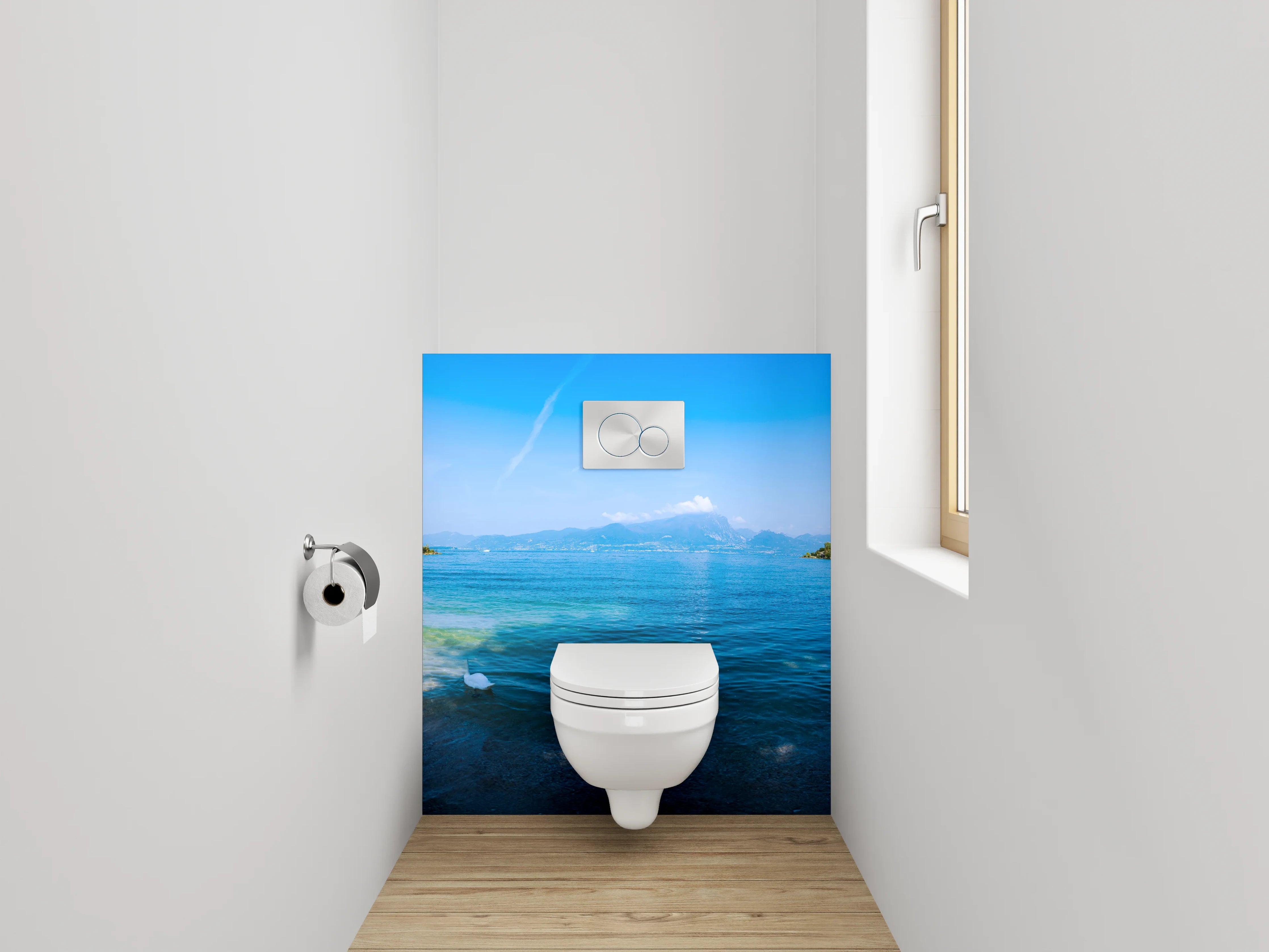 WC-Rückwand - Italienischer See mit Bergen und Zypressen