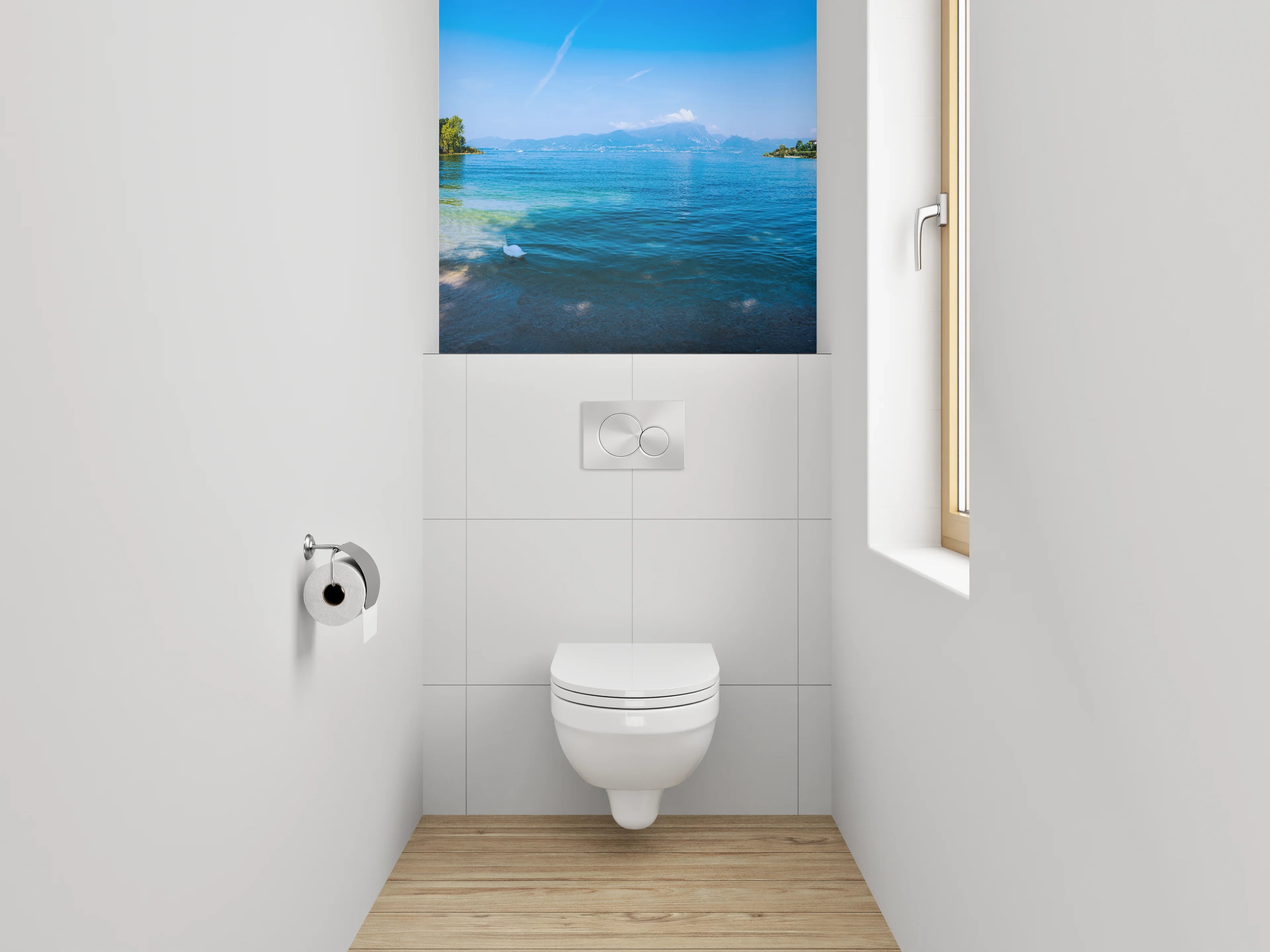 WC-Rückwand - Italienischer See mit Bergen und Zypressen