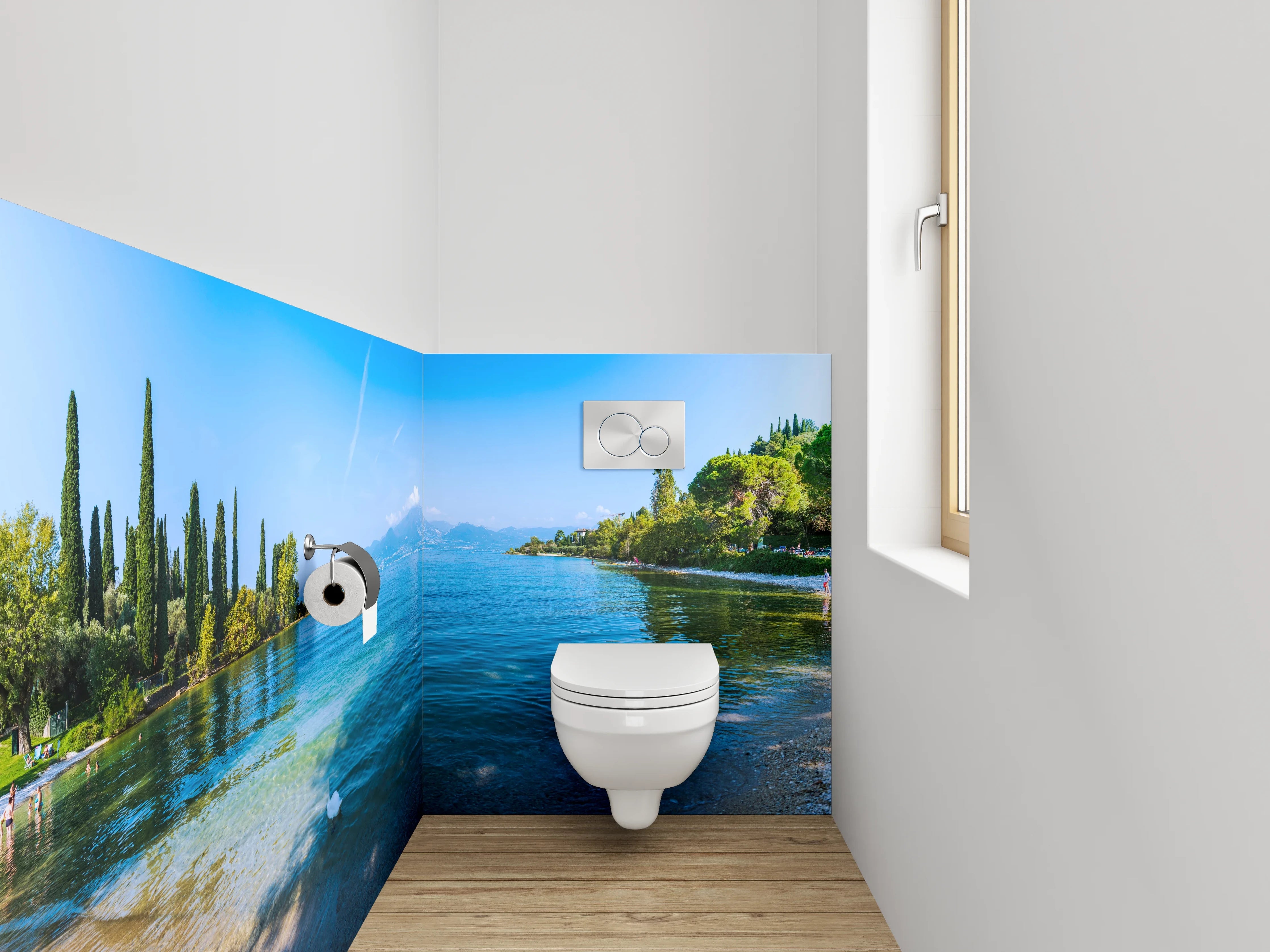 WC-Rückwand - Italienischer See mit Bergen und Zypressen