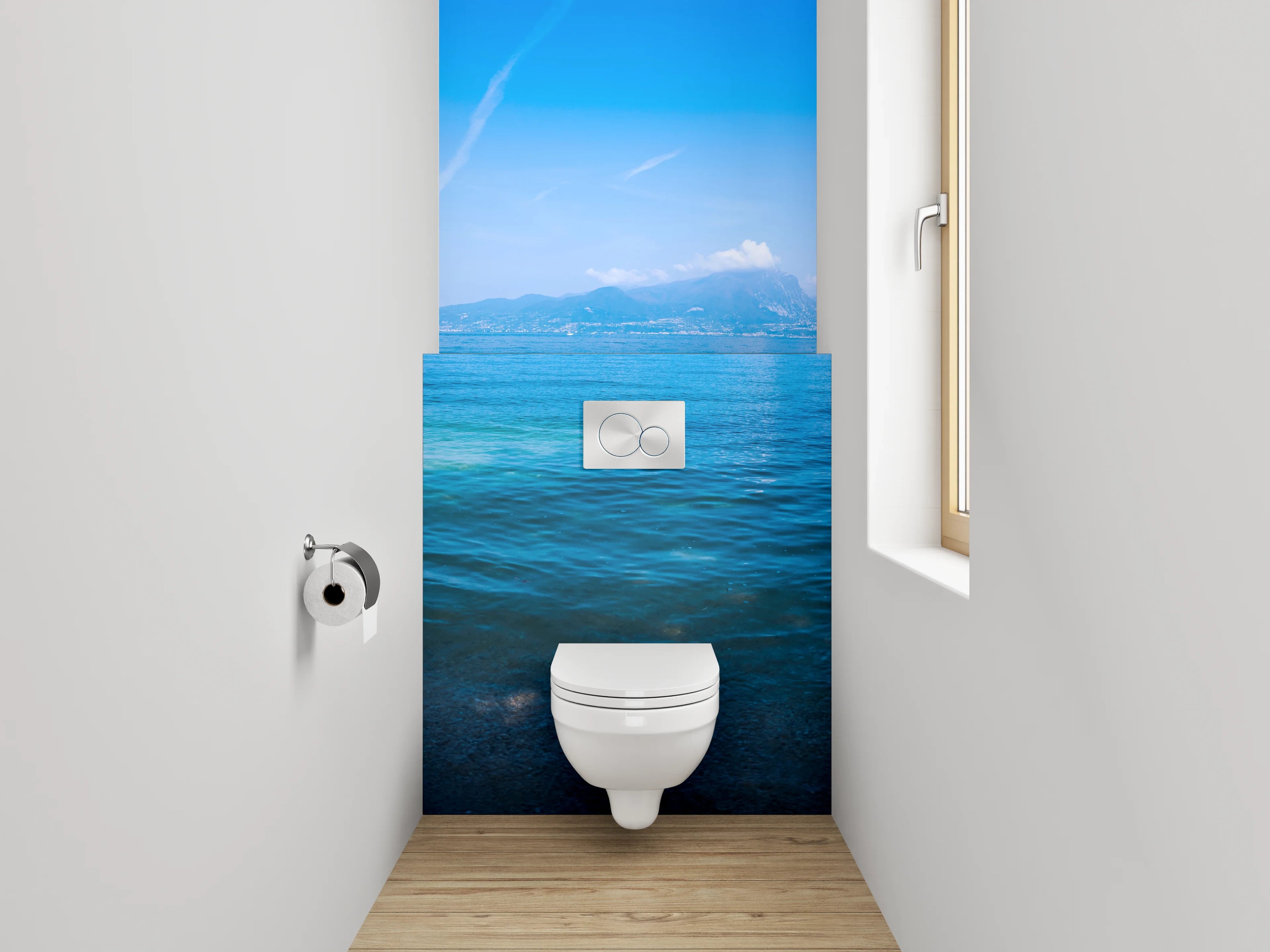 WC-Rückwand - Italienischer See mit Bergen und Zypressen