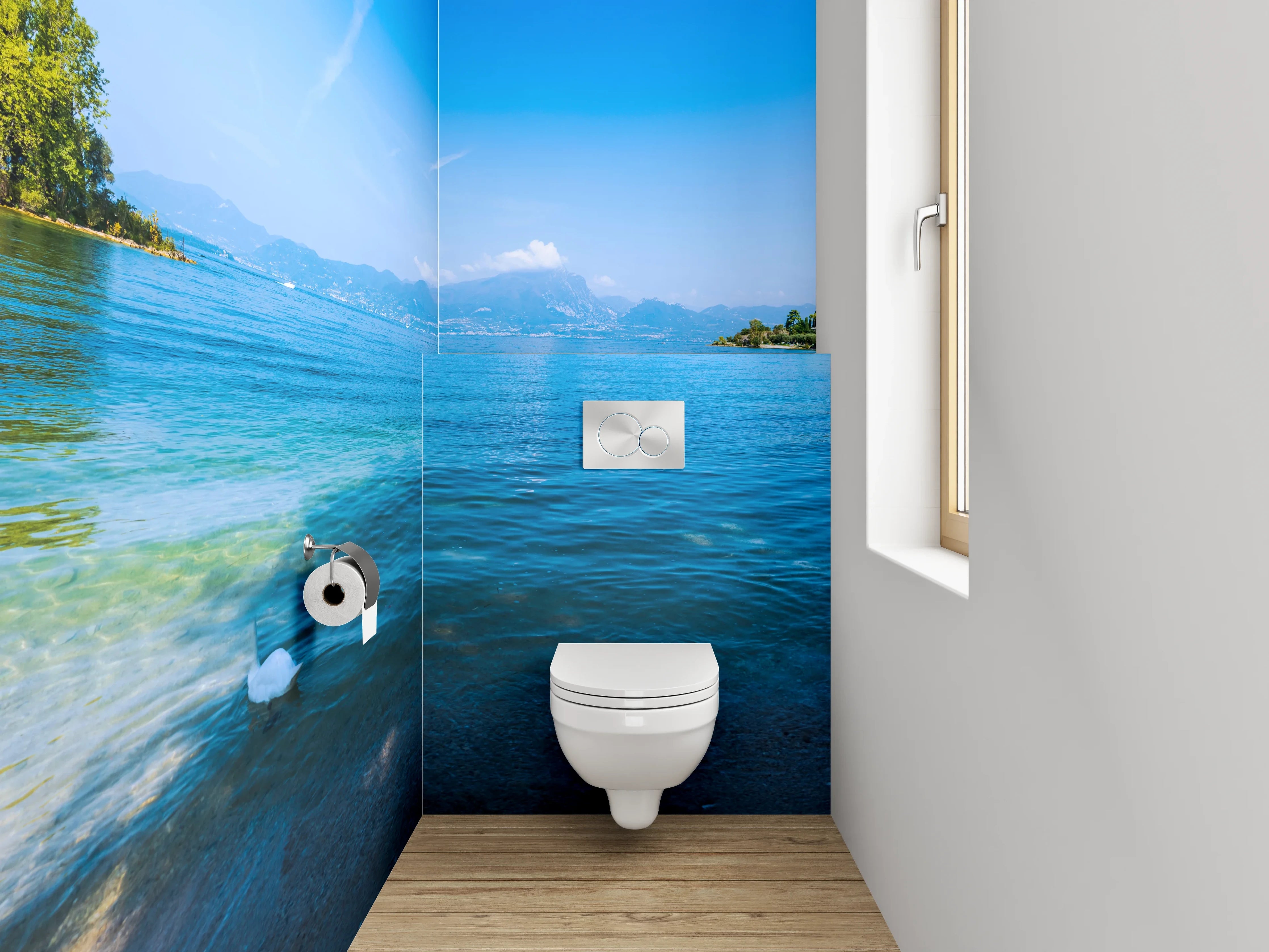 WC-Rückwand - Italienischer See mit Bergen und Zypressen