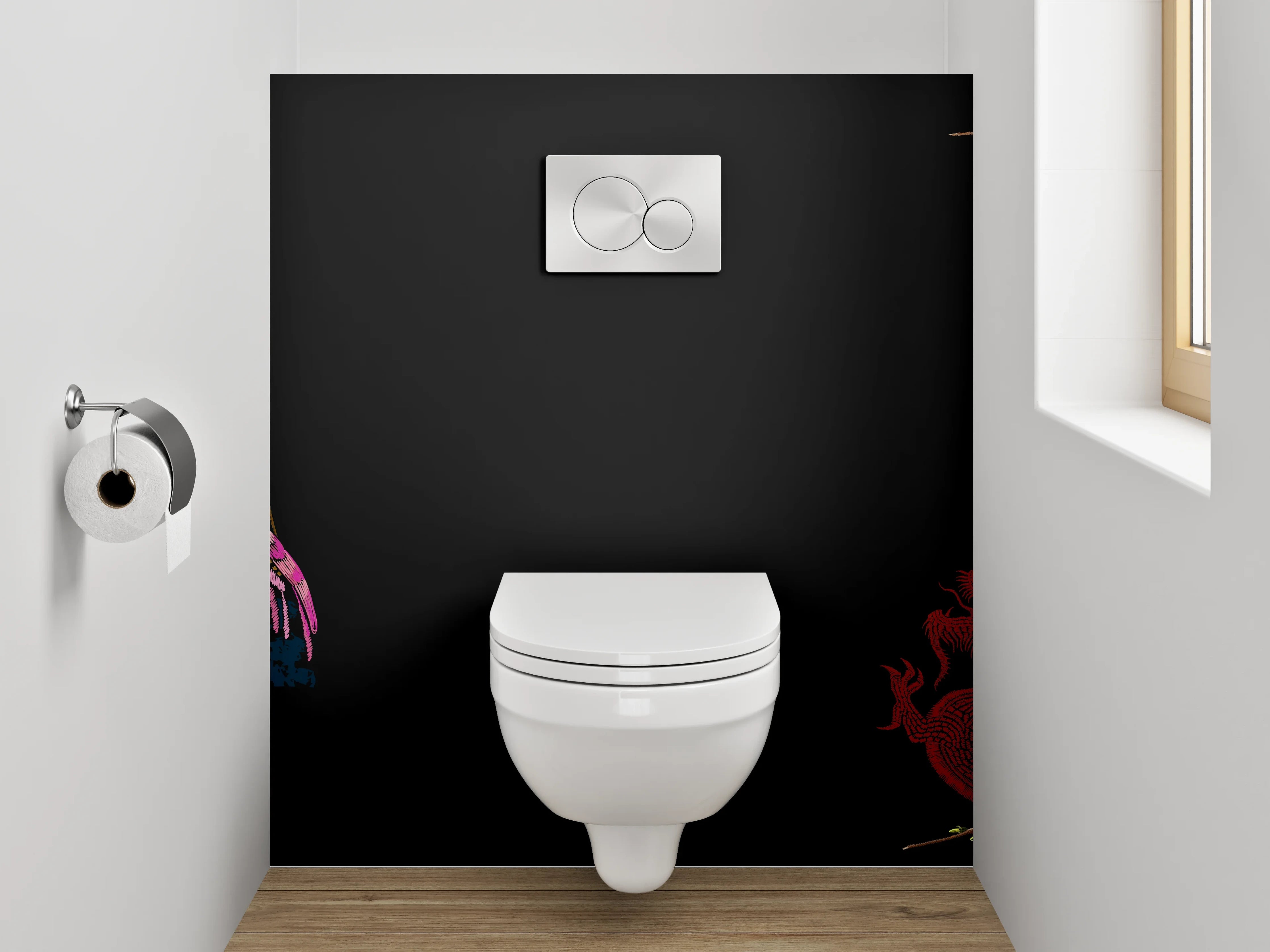 WC-Rückwand - Japanisch inspirierte Flamingos und Fächer