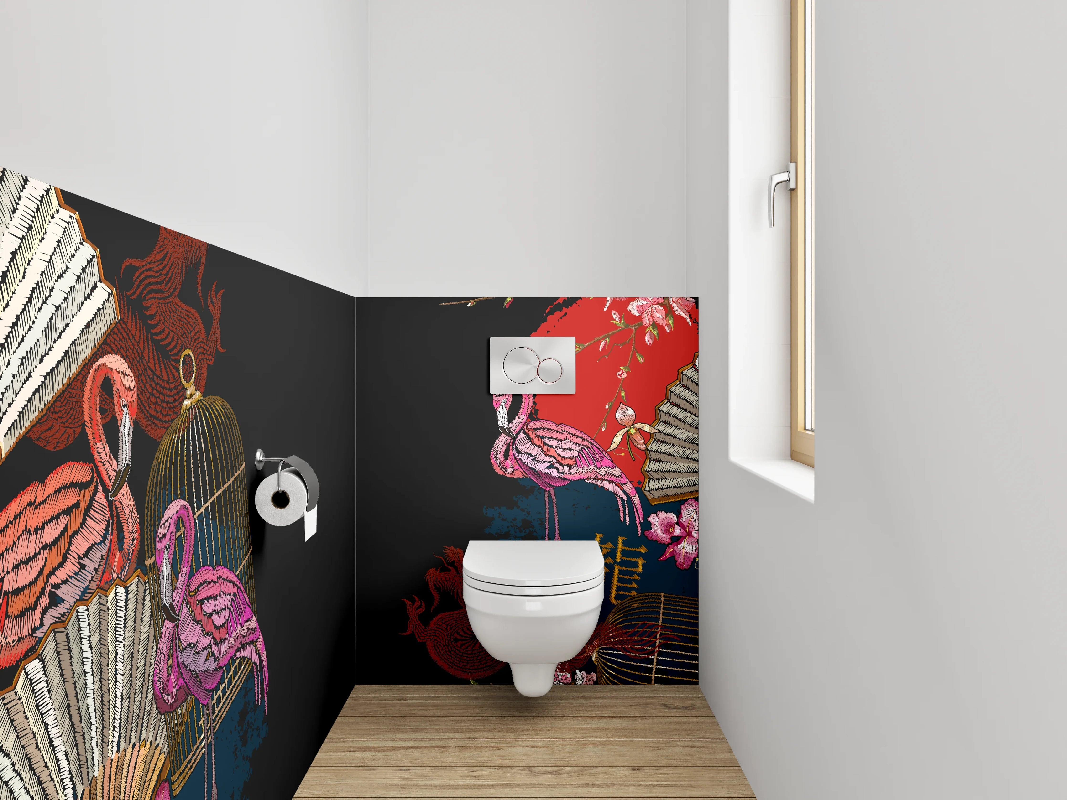 WC-Rückwand - Japanisch inspirierte Flamingos und Fächer
