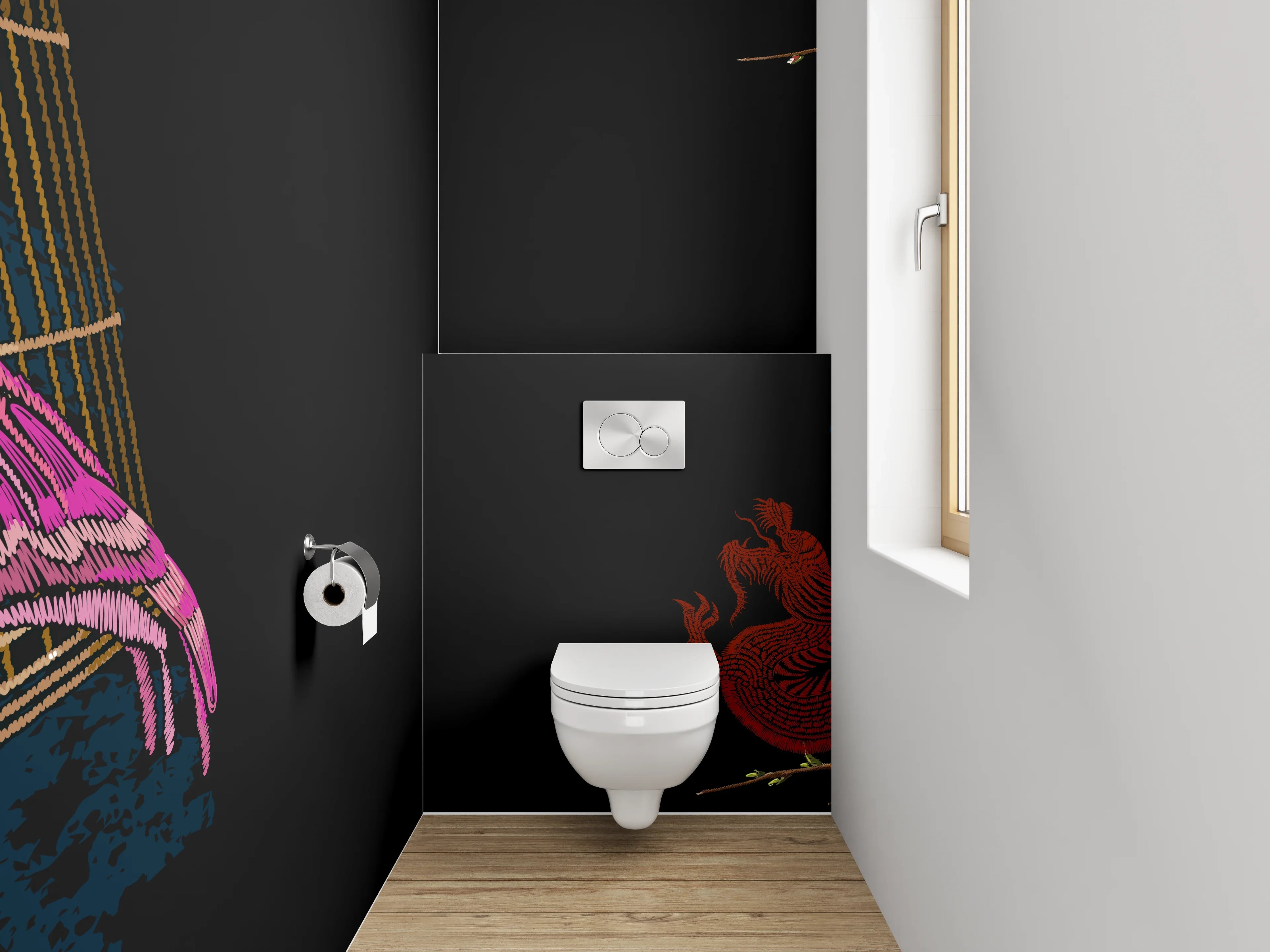 WC-Rückwand - Japanisch inspirierte Flamingos und Fächer