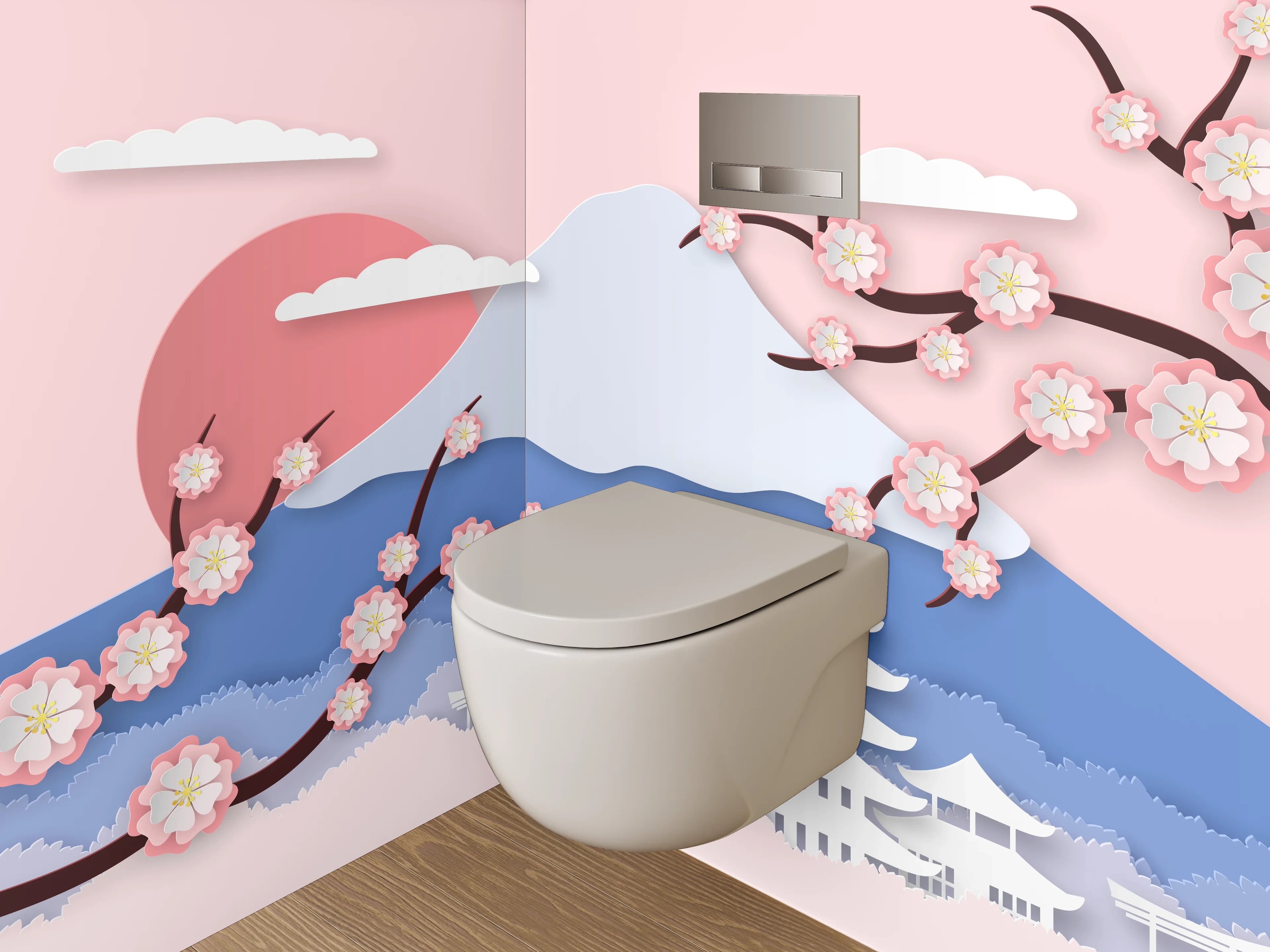 WC-Rückwand - Japanische Kirschblüten Landschaft Wandbild
