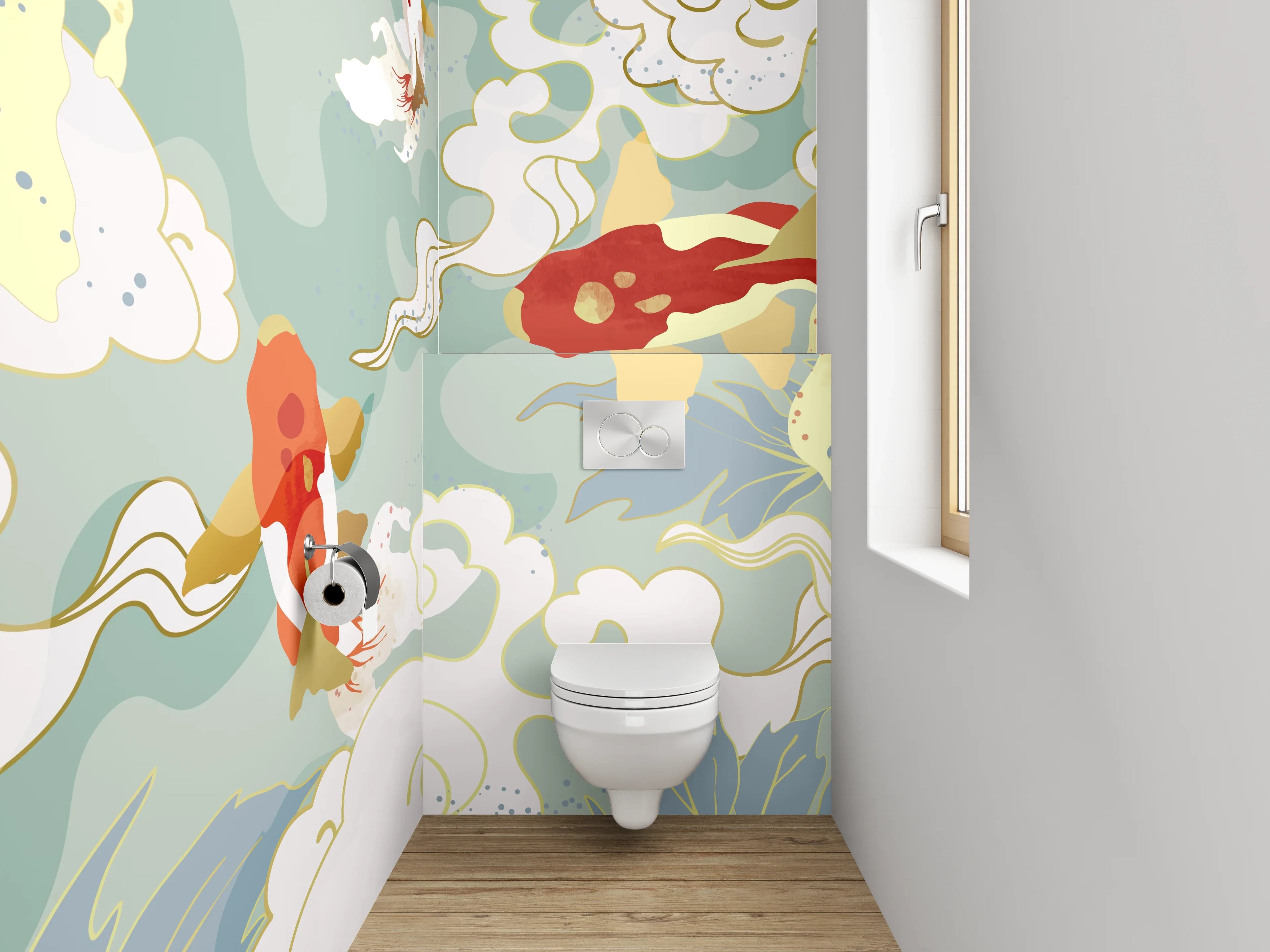 WC-Rückwand - Japanische Koi-Karpfen mit Blumen Aquarell