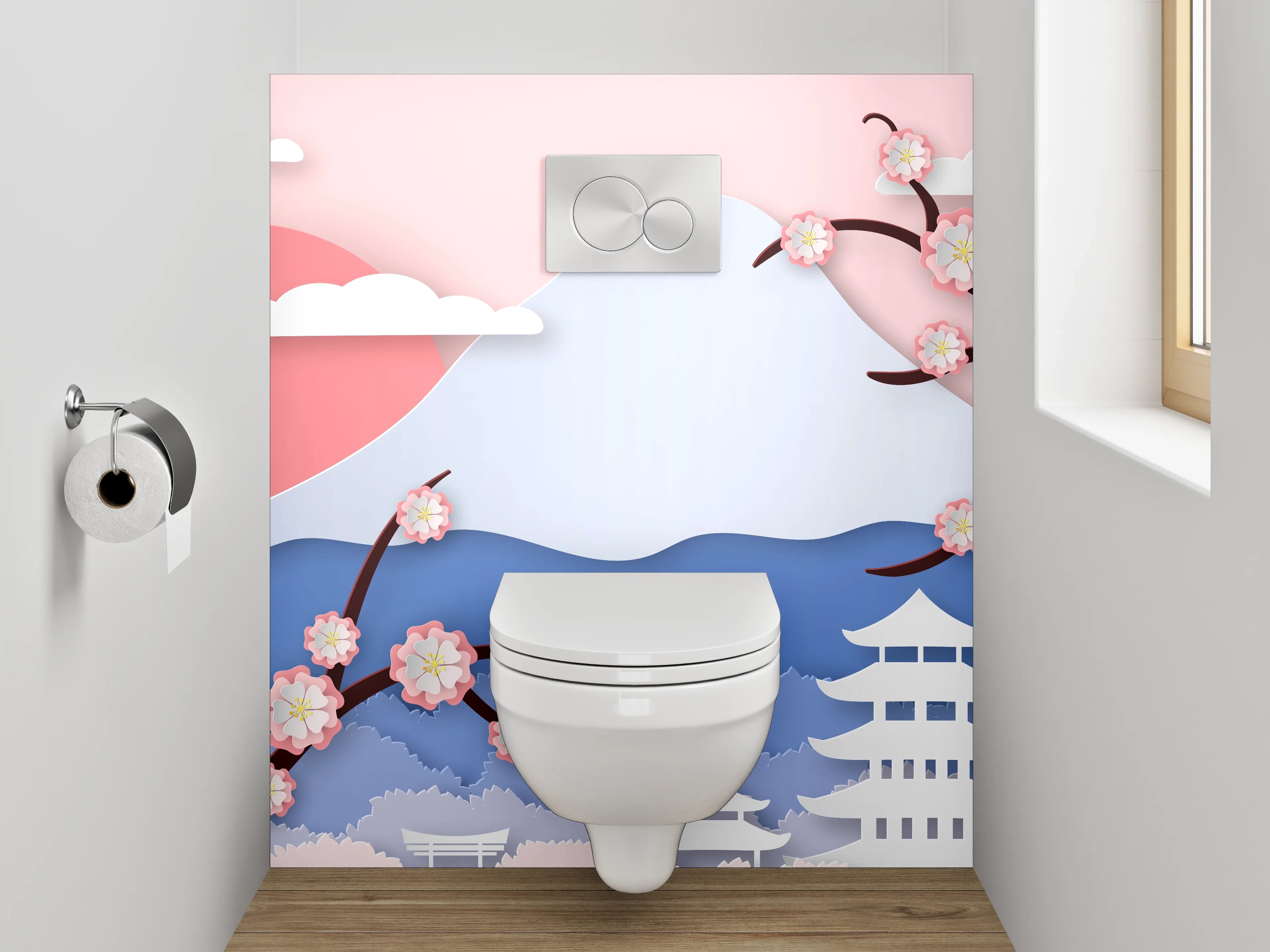 WC-Rückwand - Japanische Landschaft mit Kirschblüten