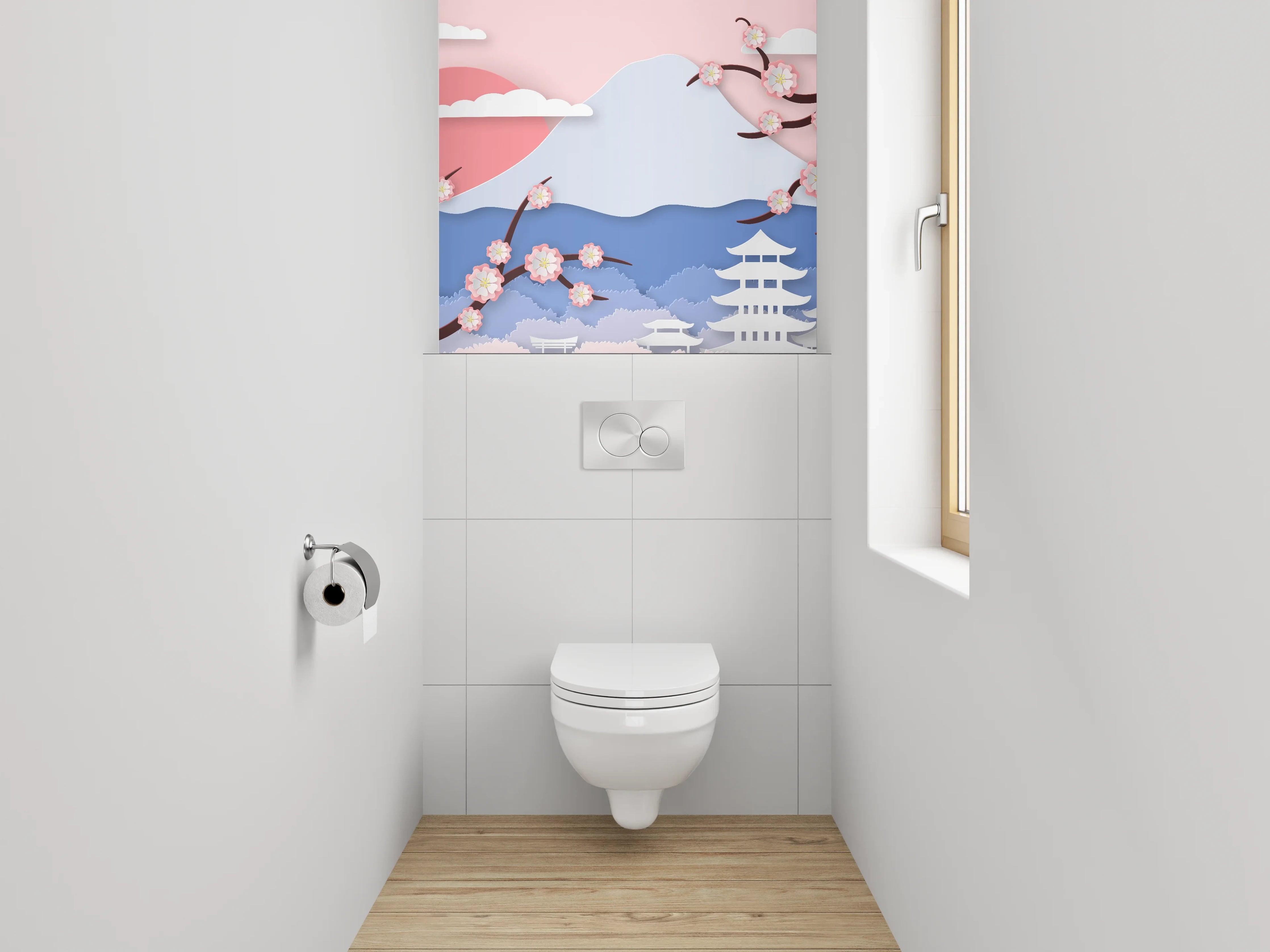 WC-Rückwand - Japanische Landschaft mit Kirschblüten