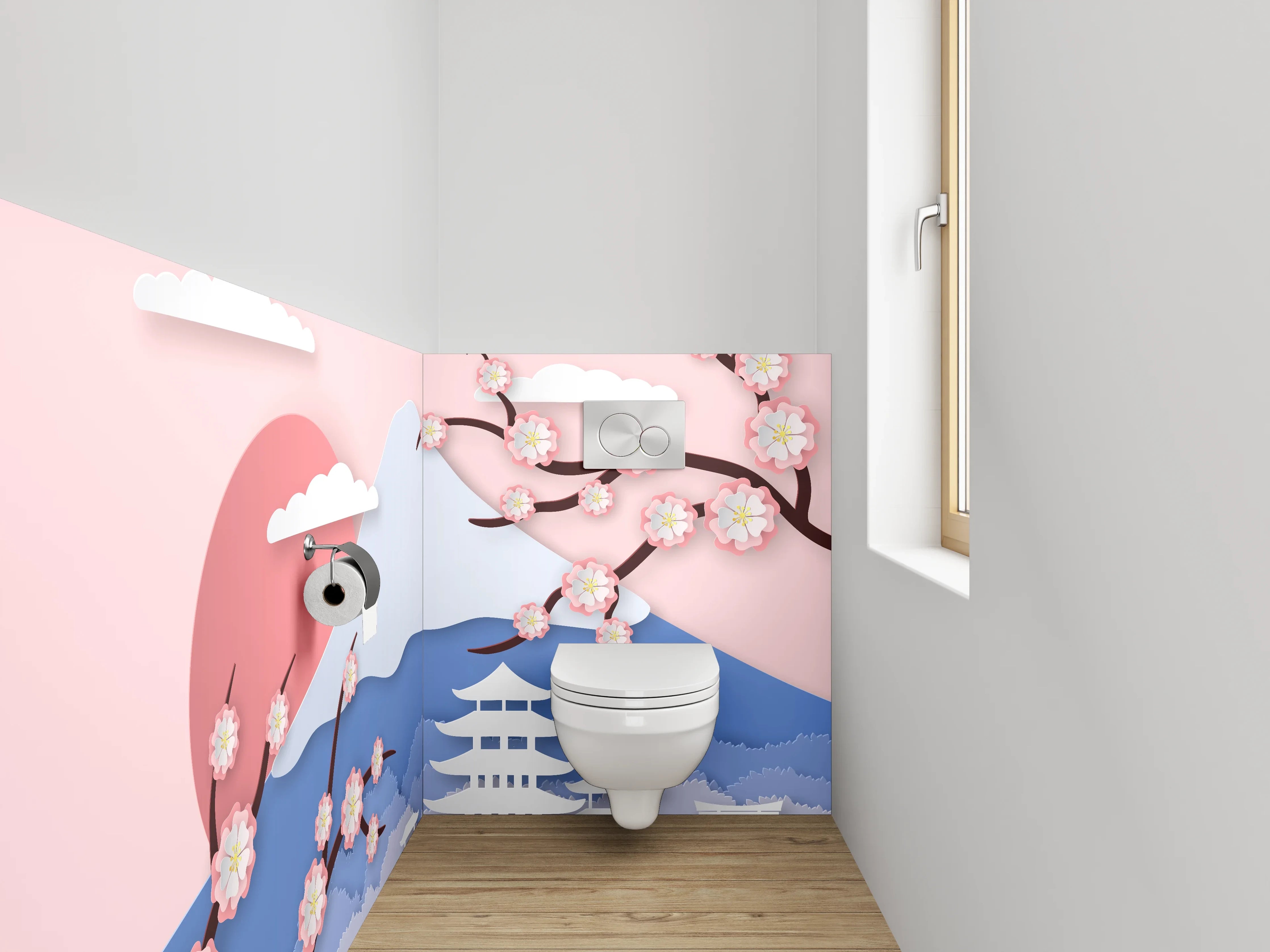 WC-Rückwand - Japanische Landschaft mit Kirschblüten