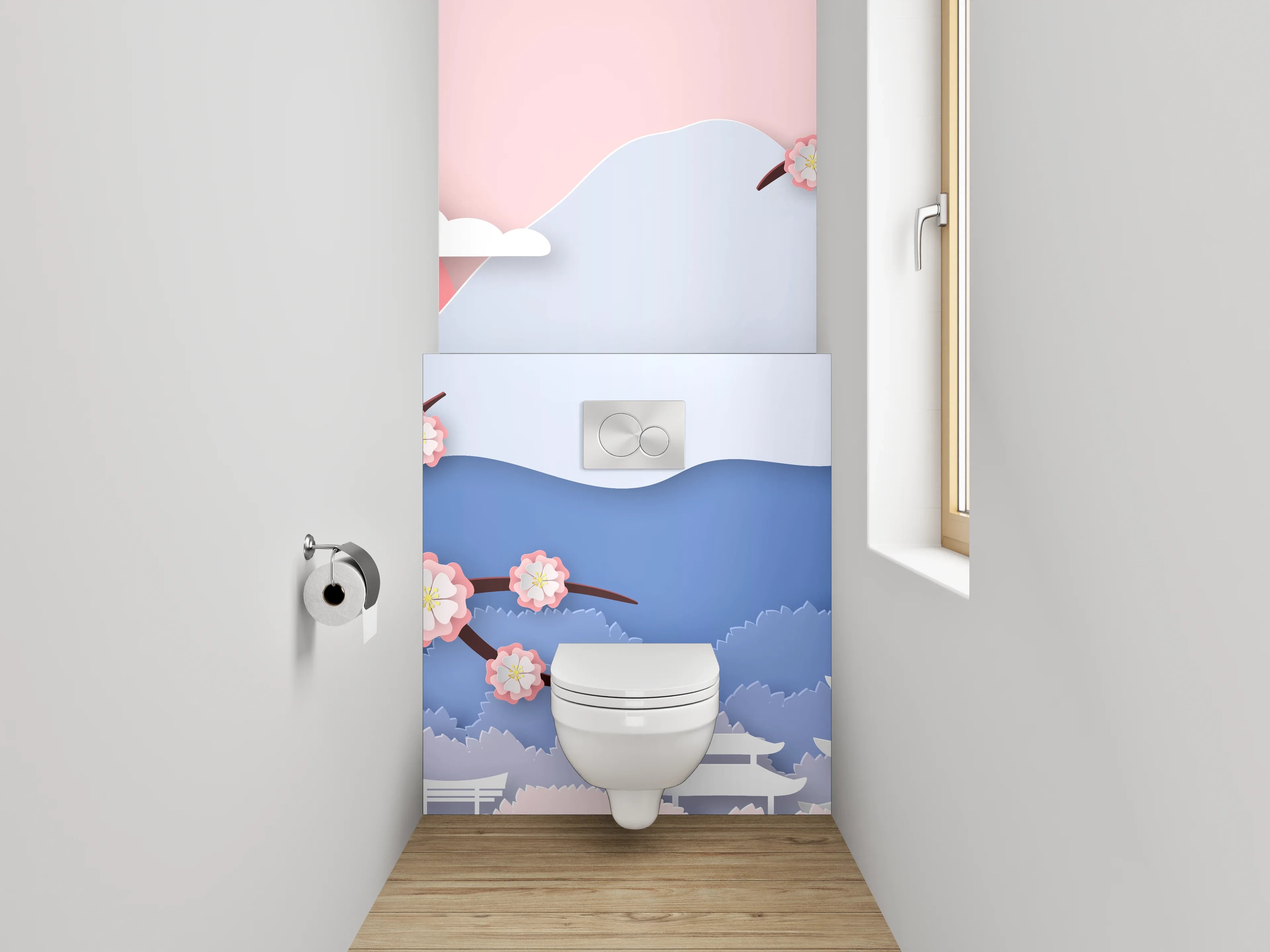 WC-Rückwand - Japanische Landschaft mit Kirschblüten