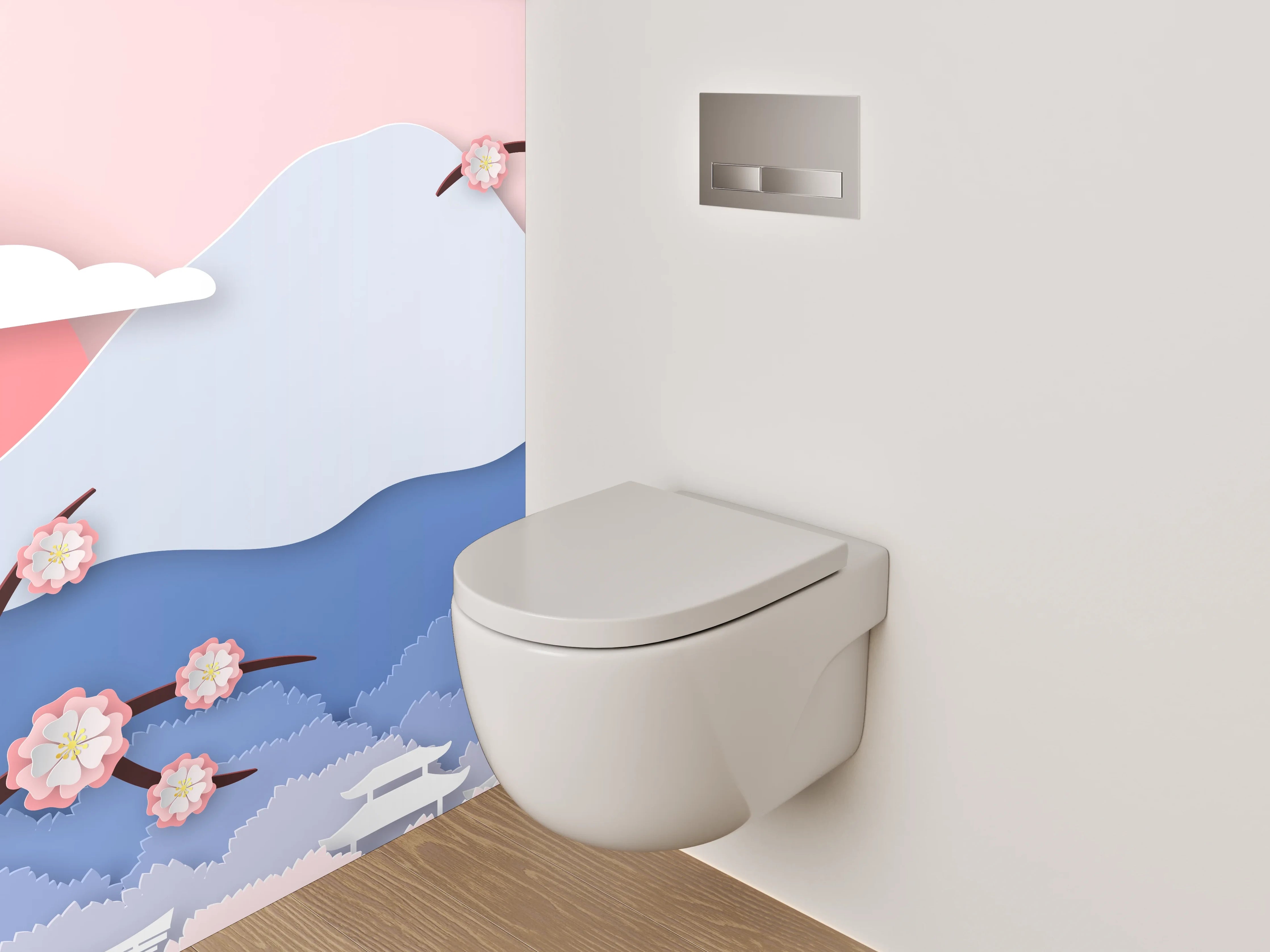 WC-Rückwand - Japanische Landschaft mit Kirschblüten