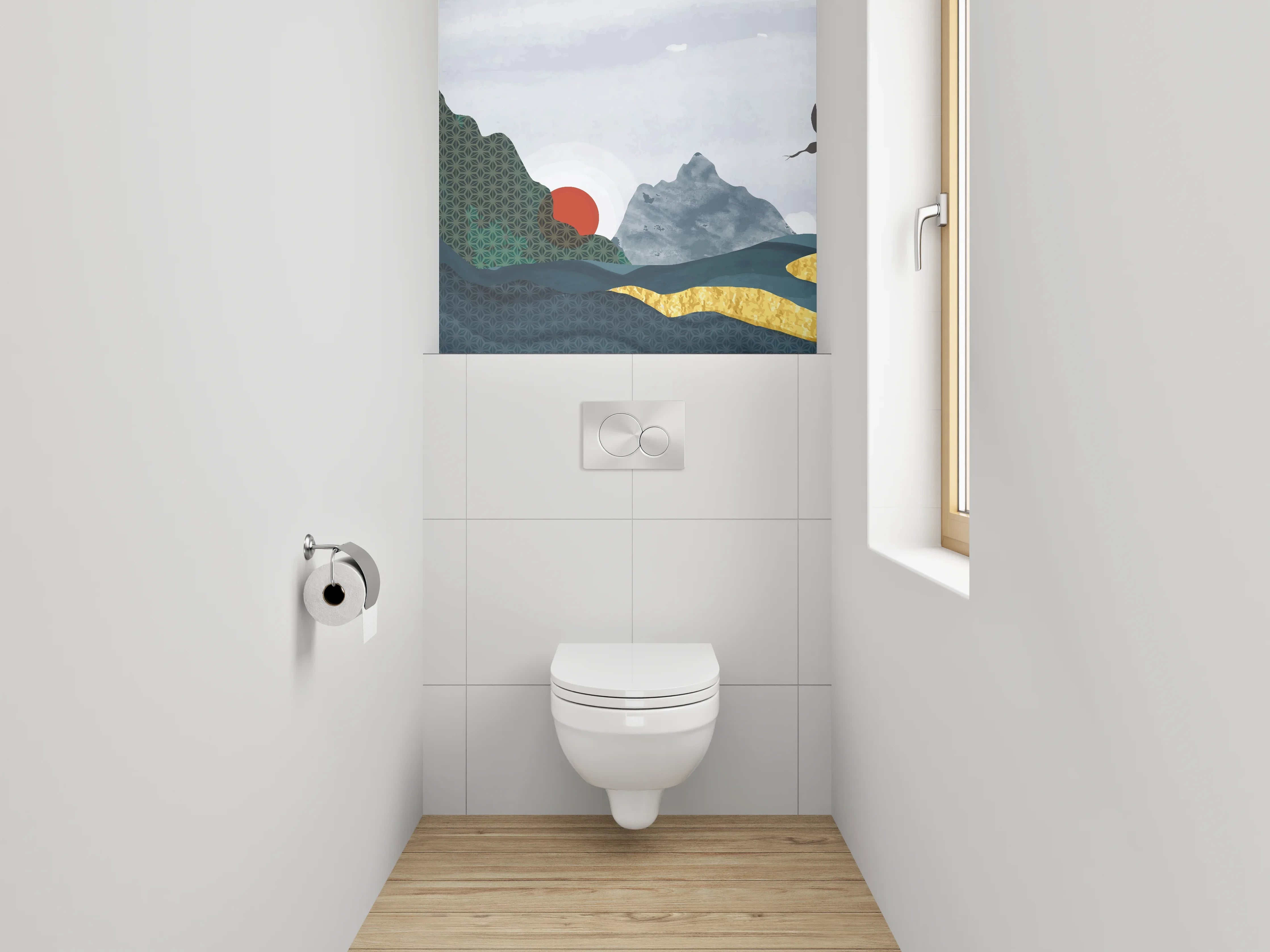 WC-Rückwand - Japanische Landschaft mit Kranichen