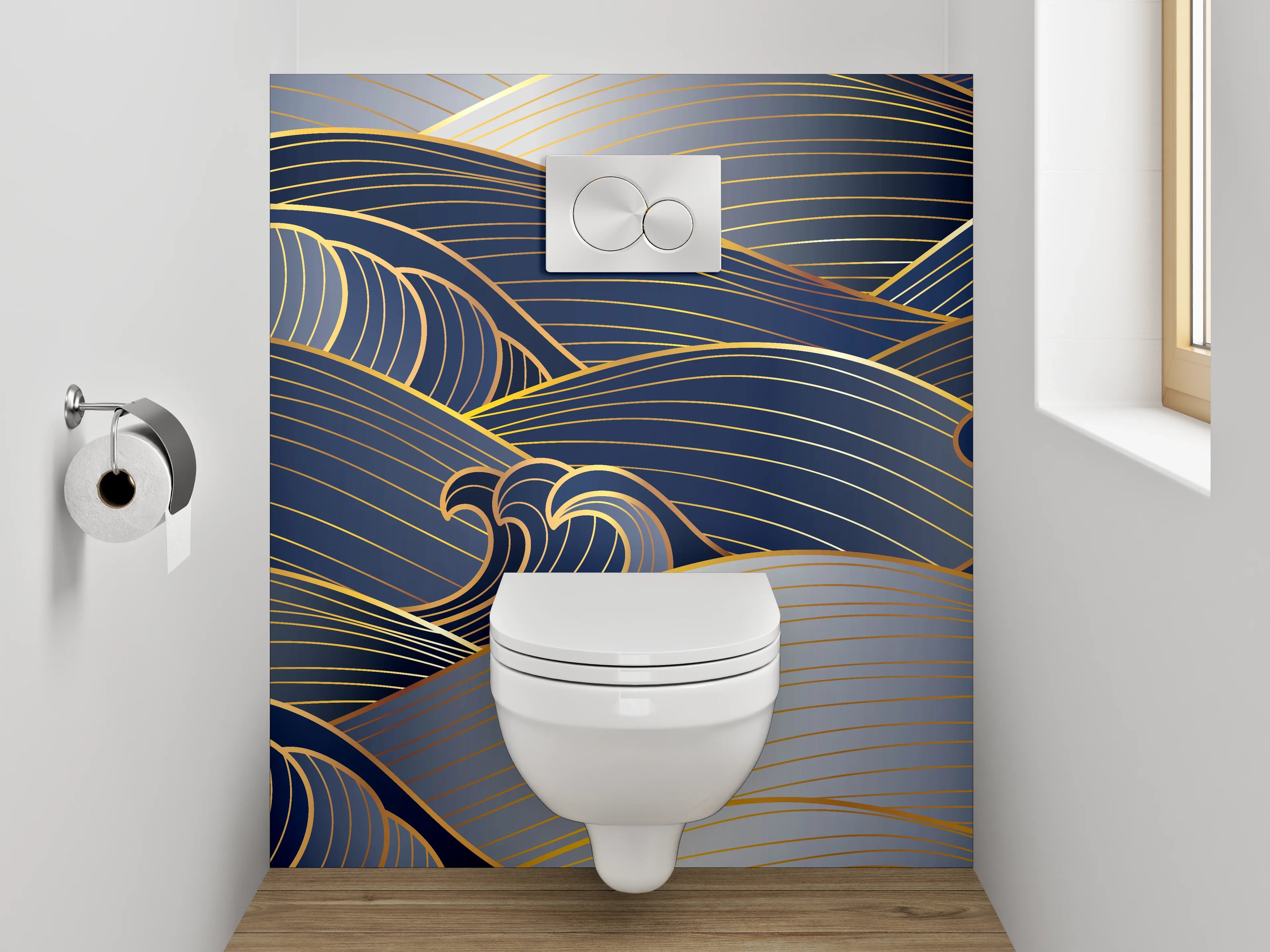 WC-Rückwand - Japanische Wellen Gold Blau Silber