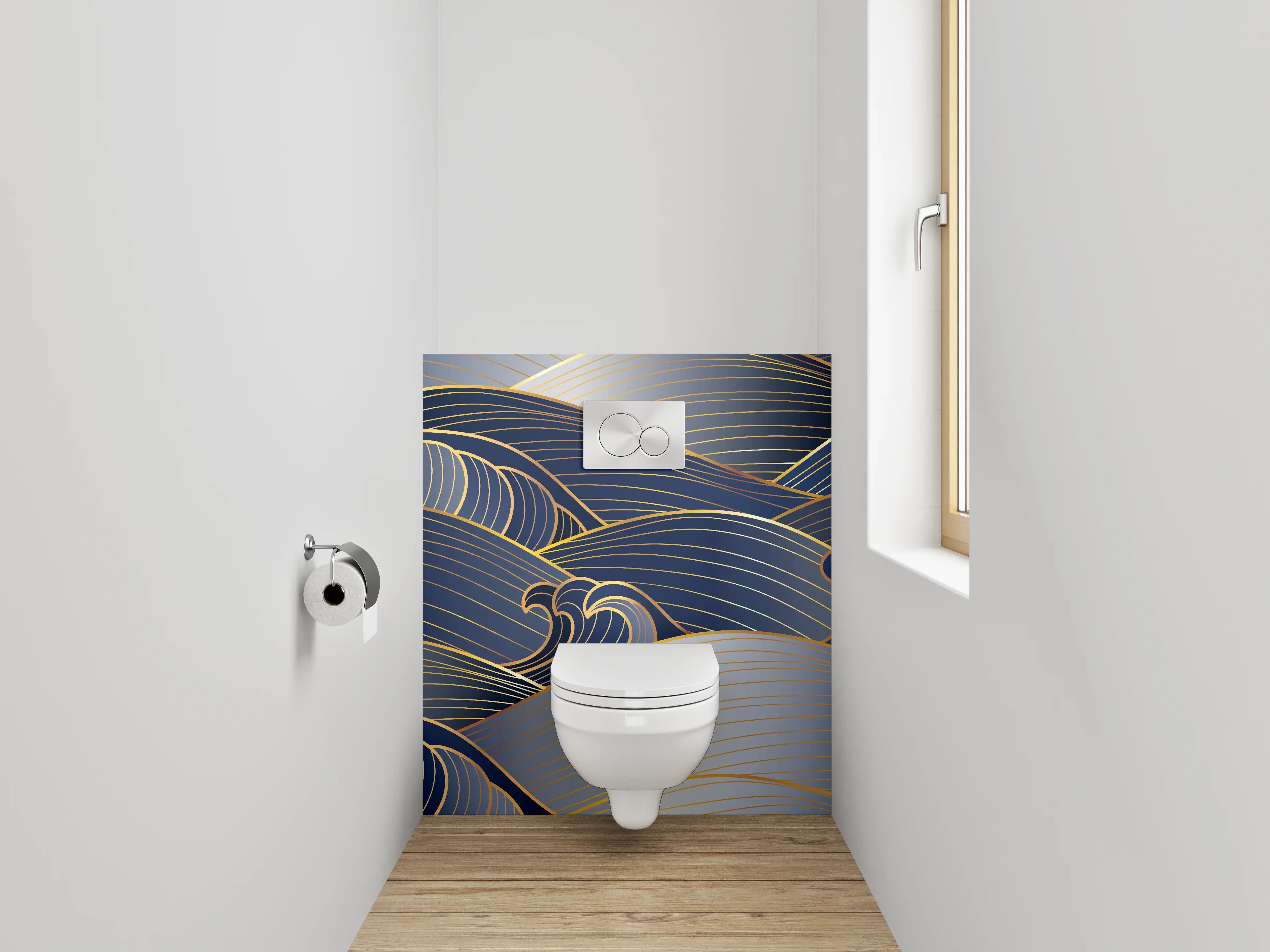 WC-Rückwand - Japanische Wellen Gold Blau Silber