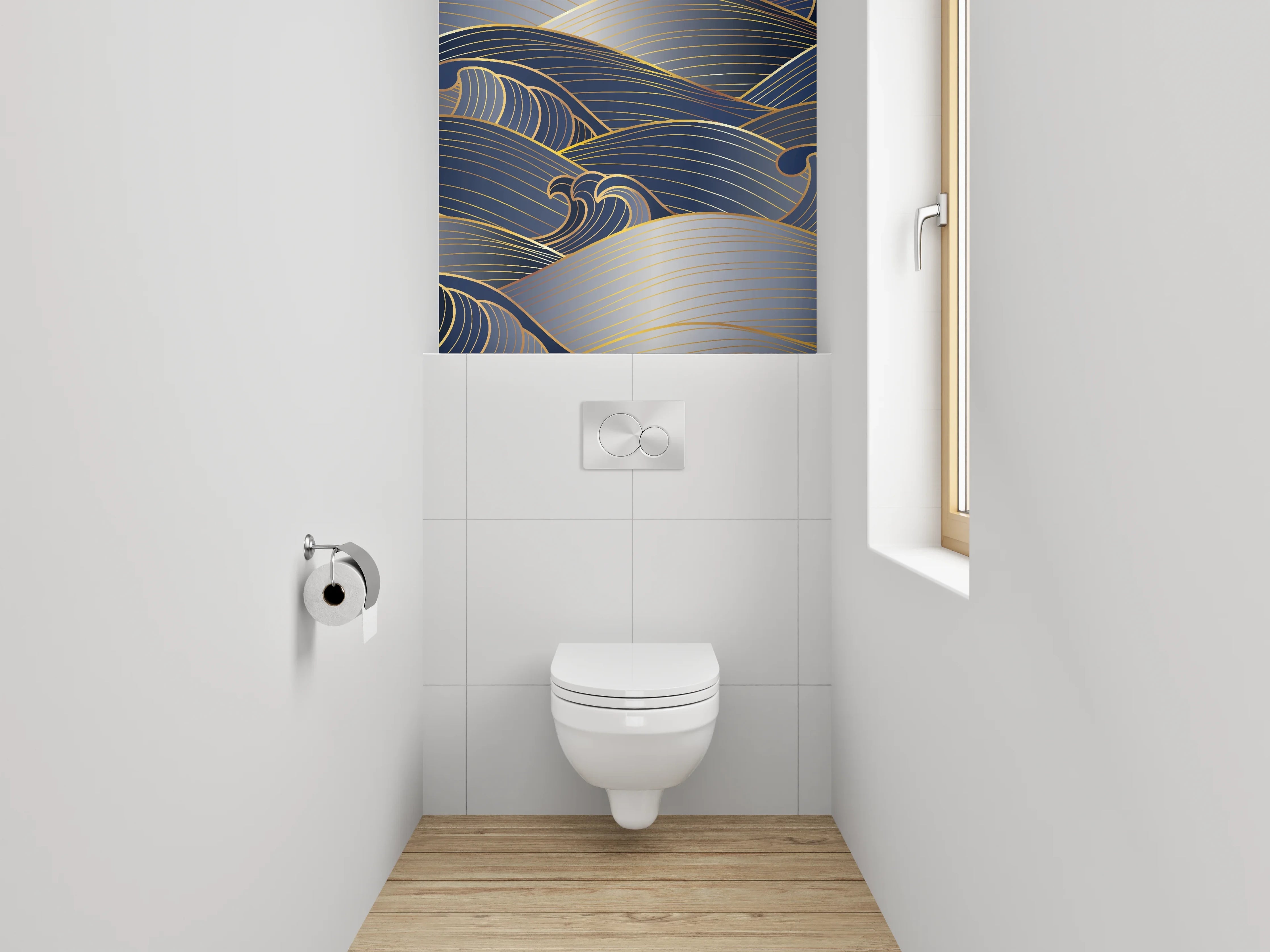 WC-Rückwand - Japanische Wellen Gold Blau Silber
