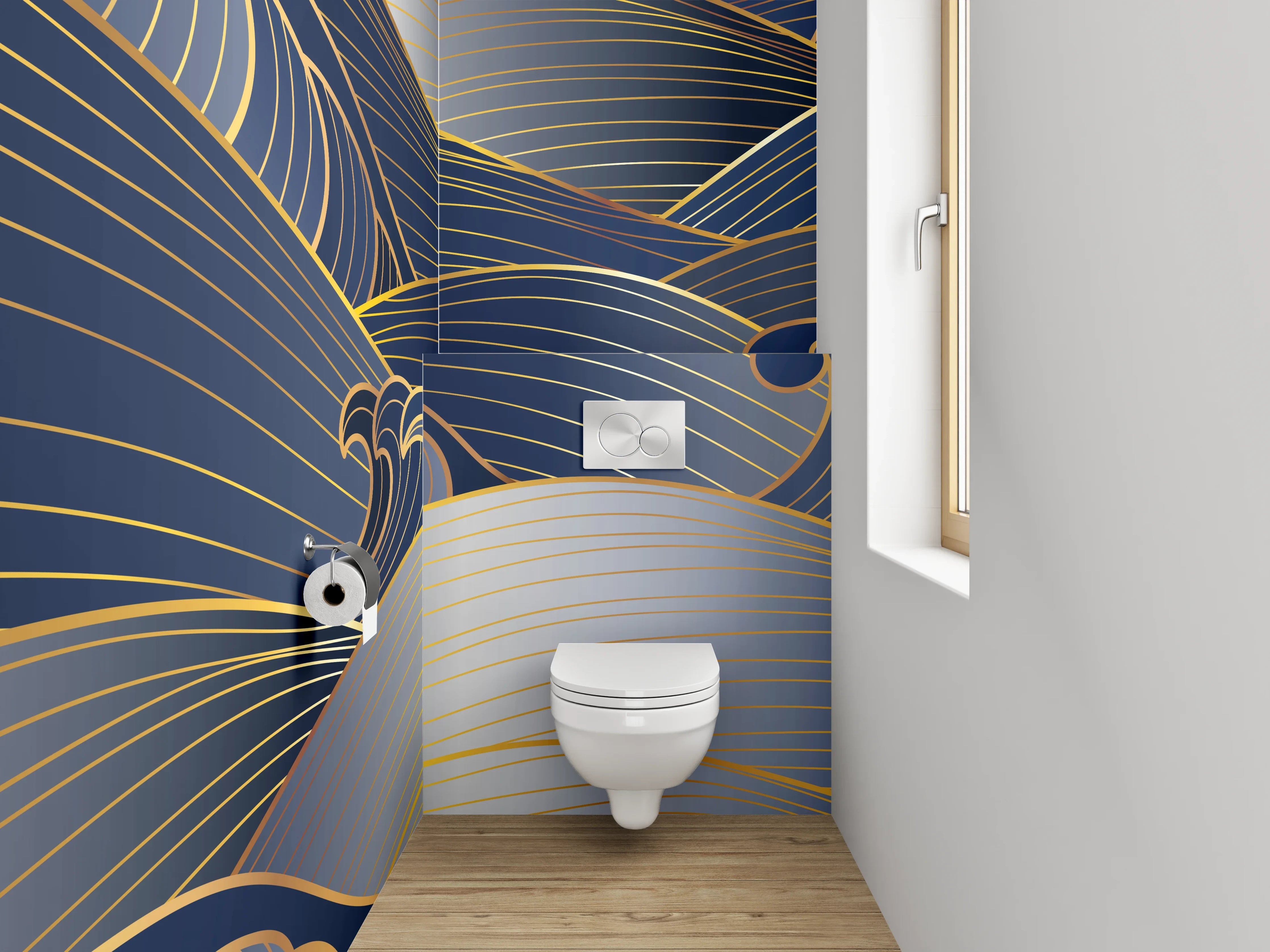 WC-Rückwand - Japanische Wellen Gold Blau Silber