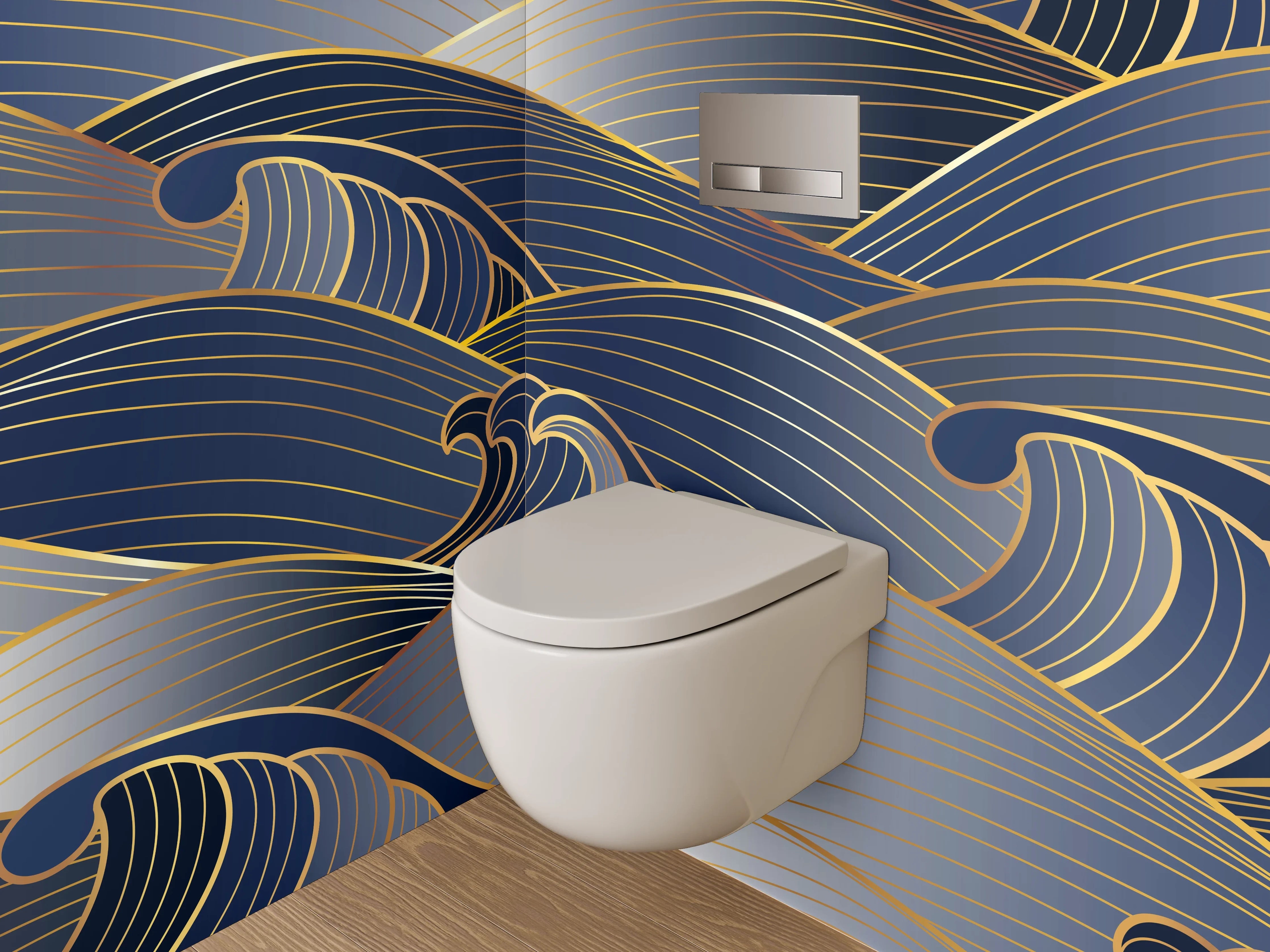 WC-Rückwand - Japanische Wellen Gold Blau Silber