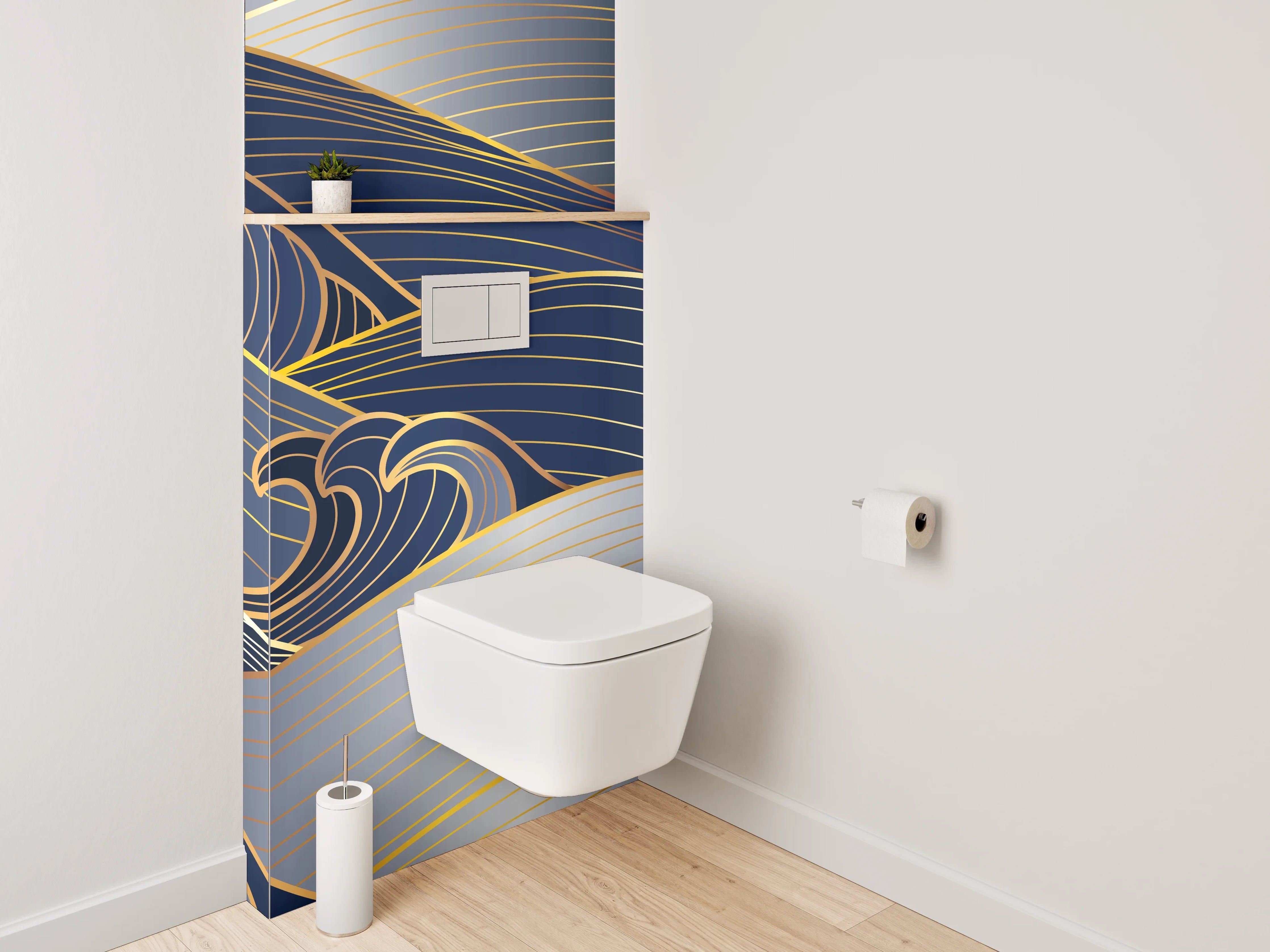 WC-Rückwand - Japanische Wellen Gold Blau Silber