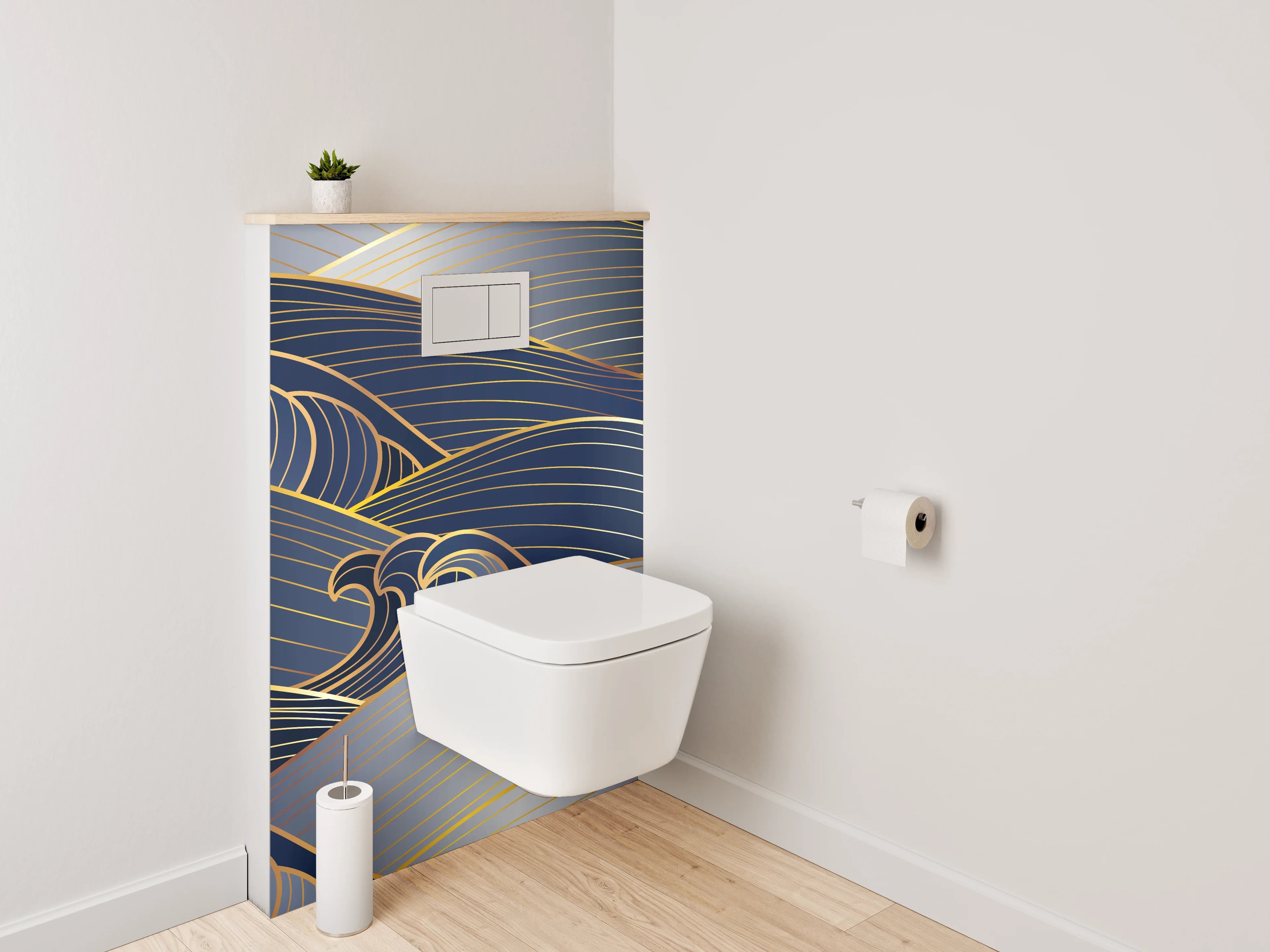 WC-Rückwand - Japanische Wellen Gold Blau Silber
