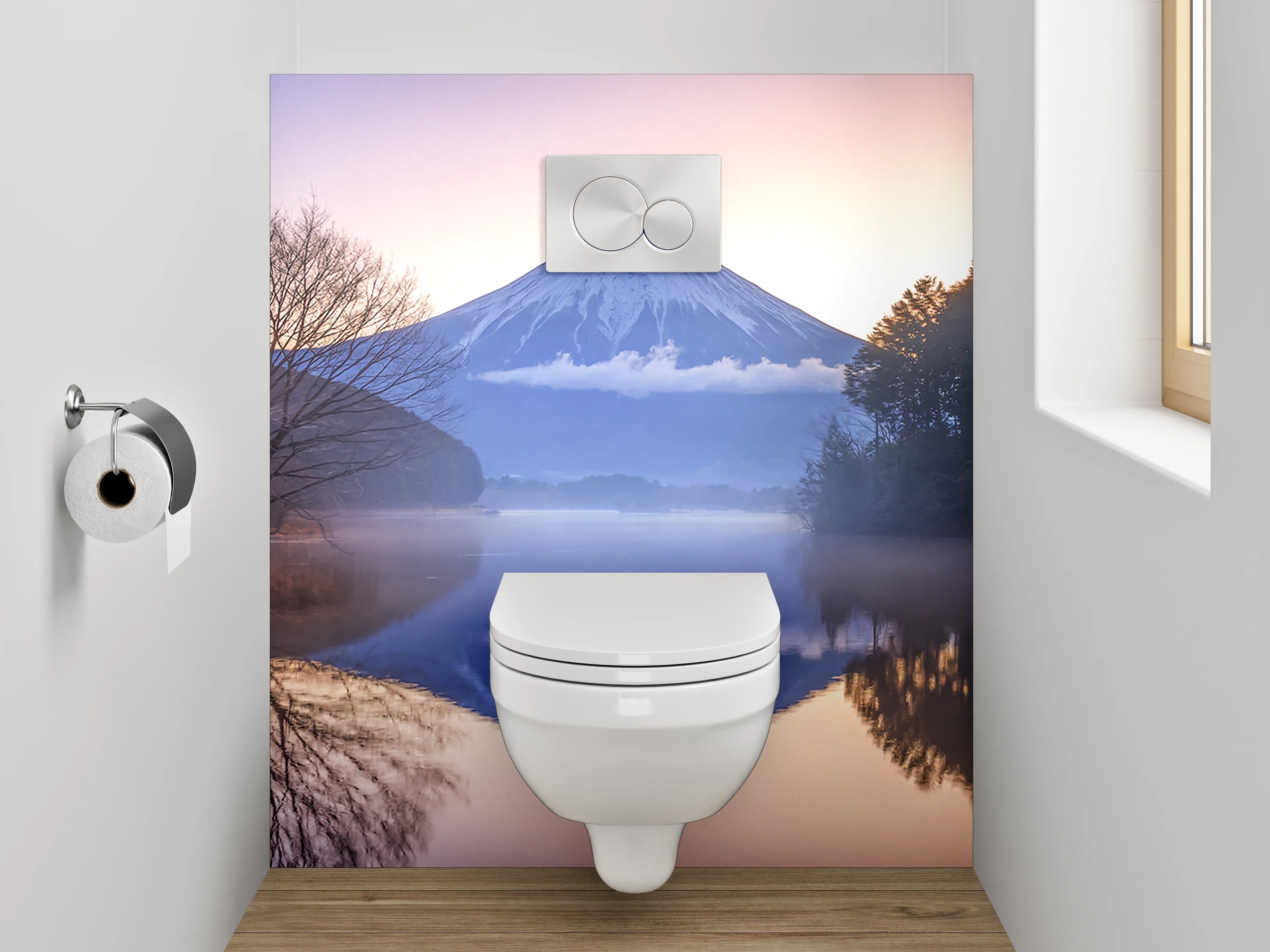 WC-Rückwand - Japanischer Bergsee mit Fuji im Morgennebel