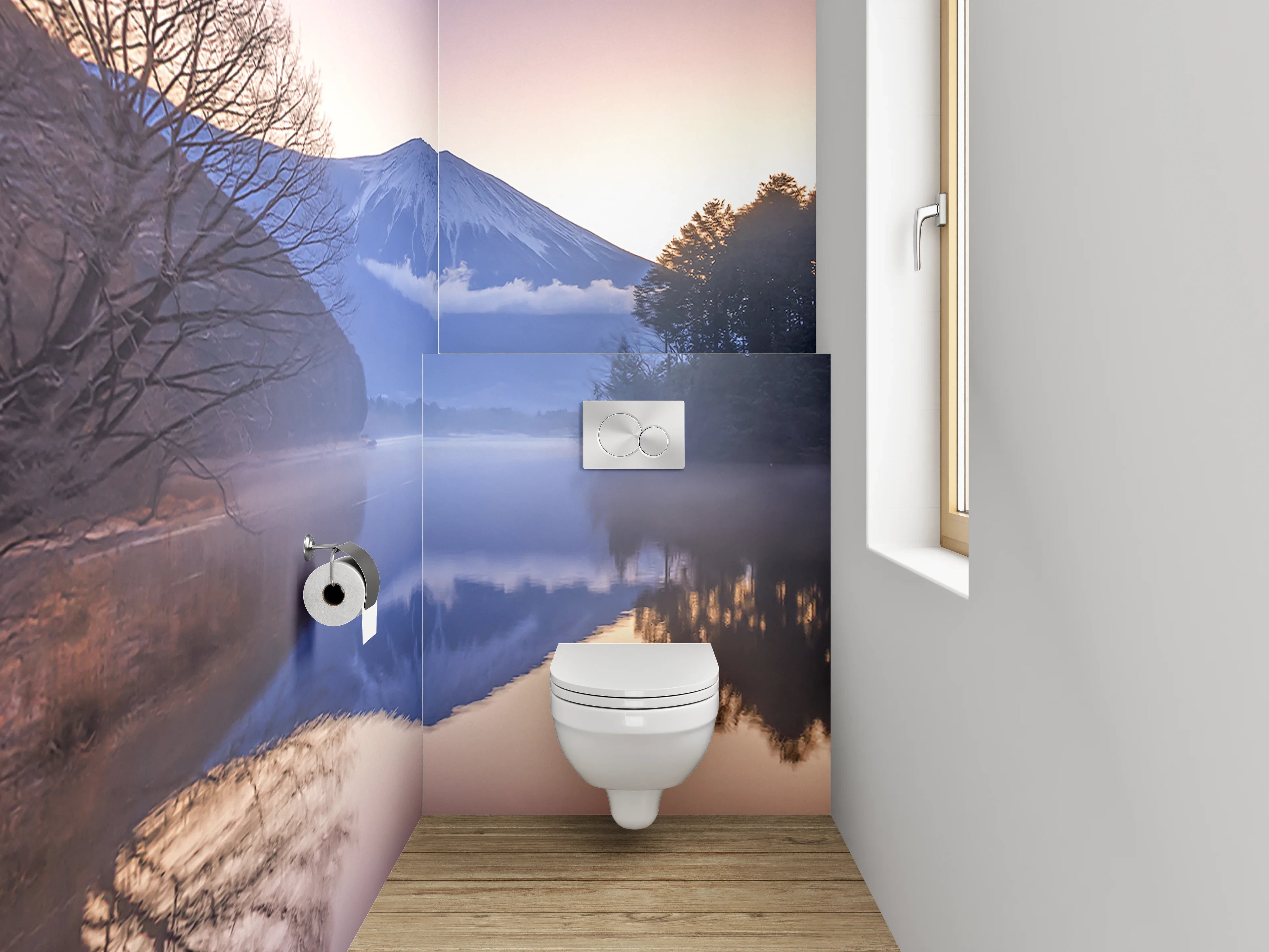 WC-Rückwand - Japanischer Bergsee mit Fuji im Morgennebel