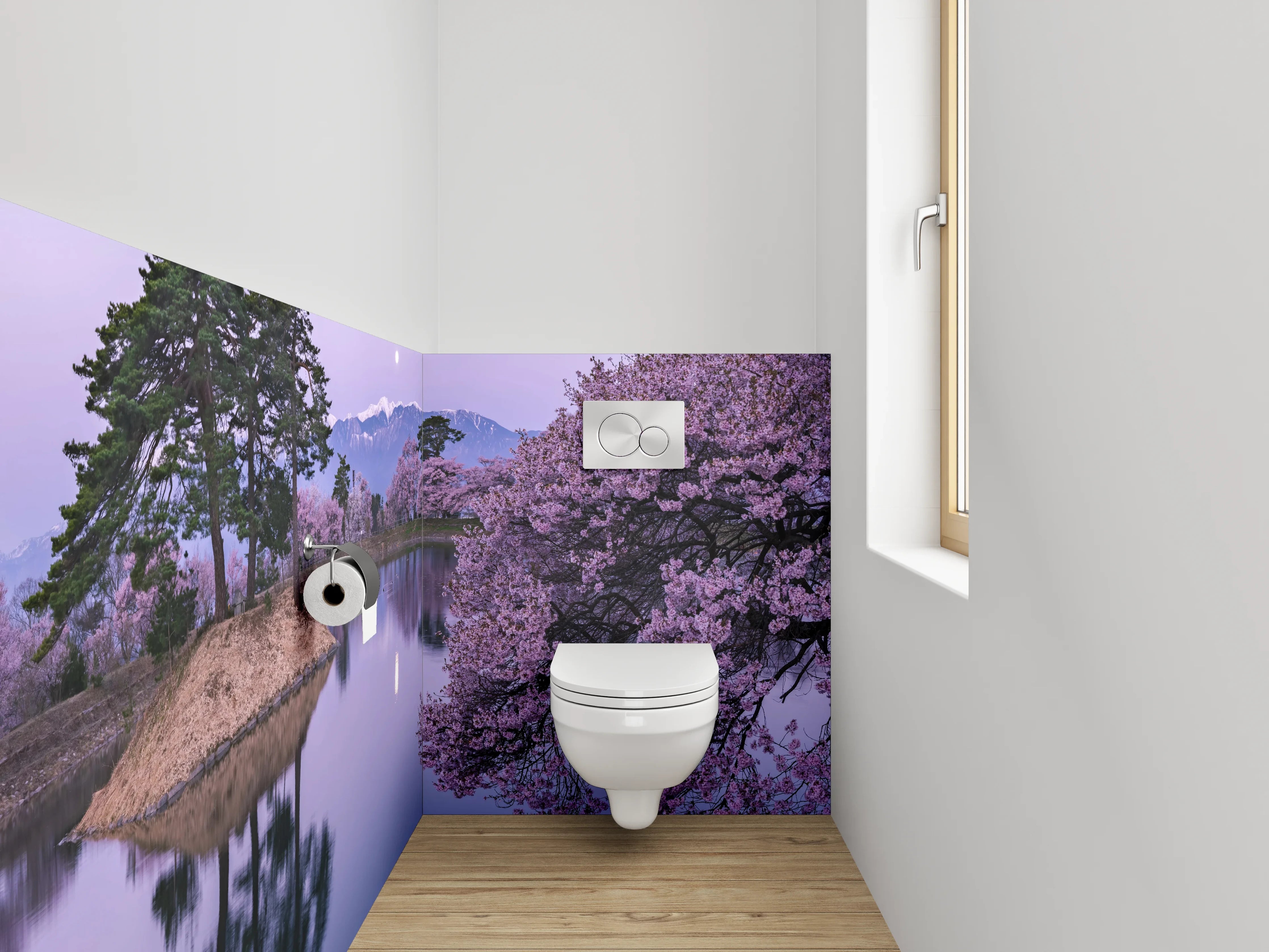 WC-Rückwand - Japanischer Frühlingssee mit Kirschblüte