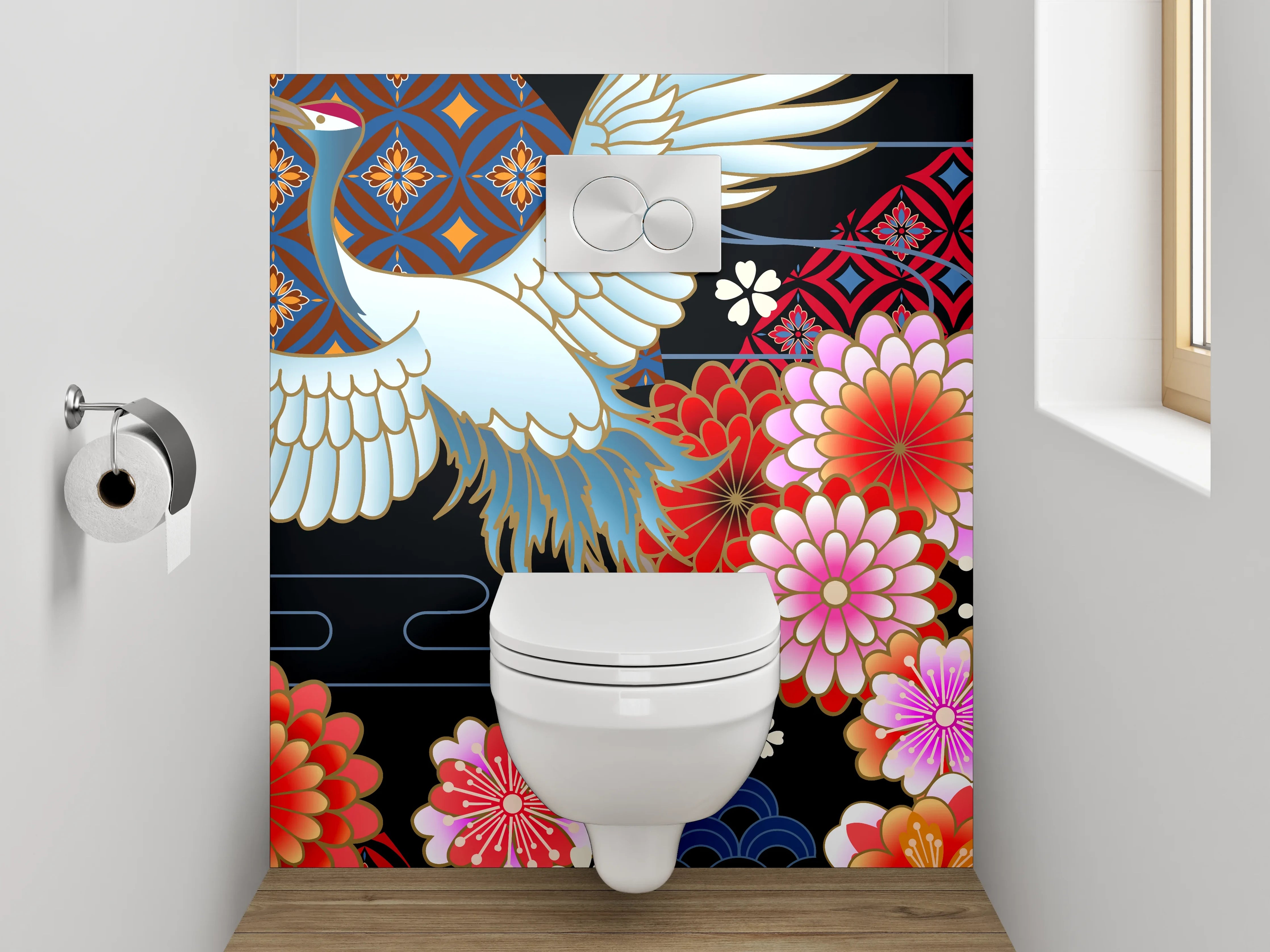 WC-Rückwand - Japanischer Kranich mit Blumenmuster