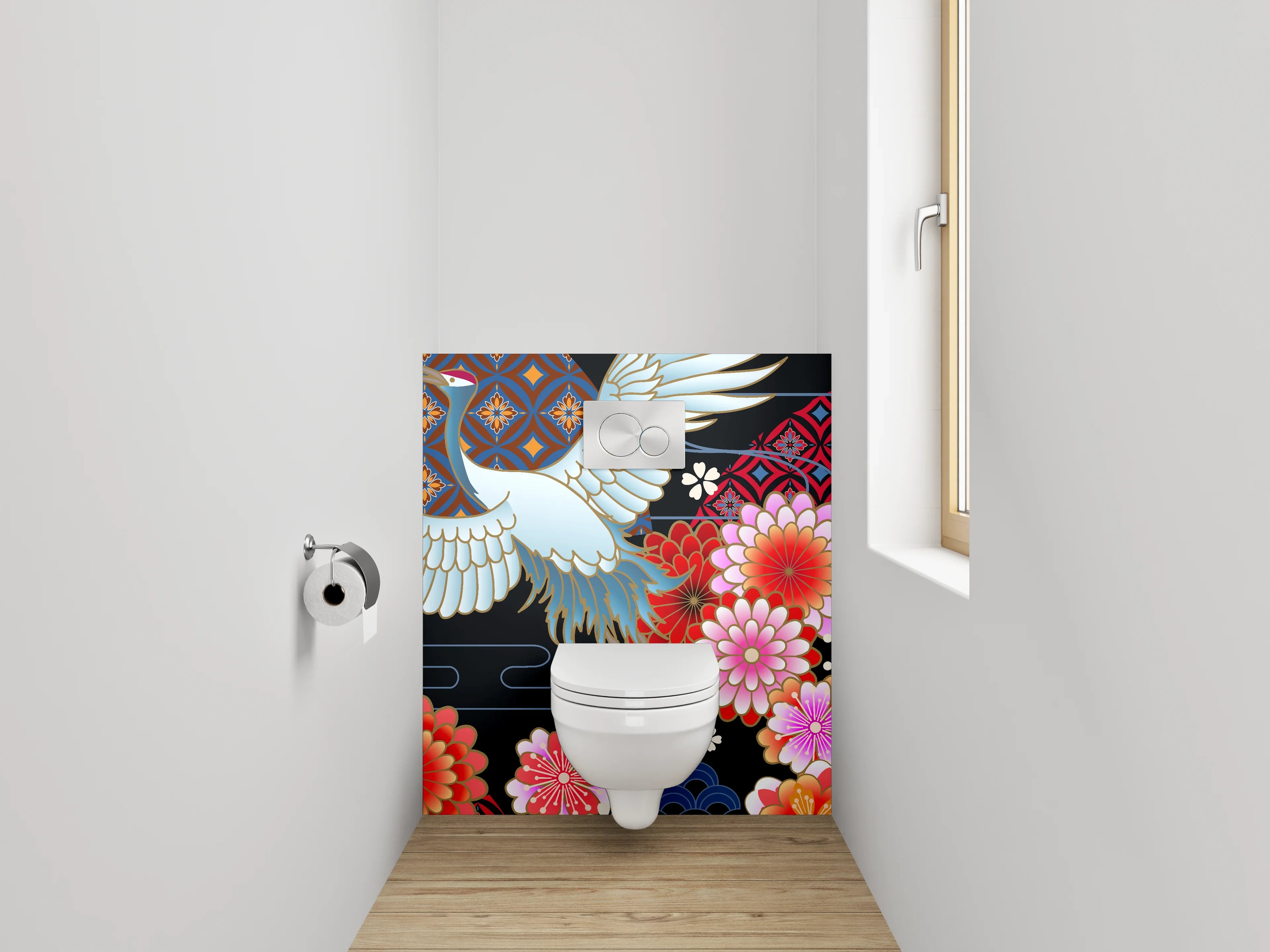 WC-Rückwand - Japanischer Kranich mit Blumenmuster