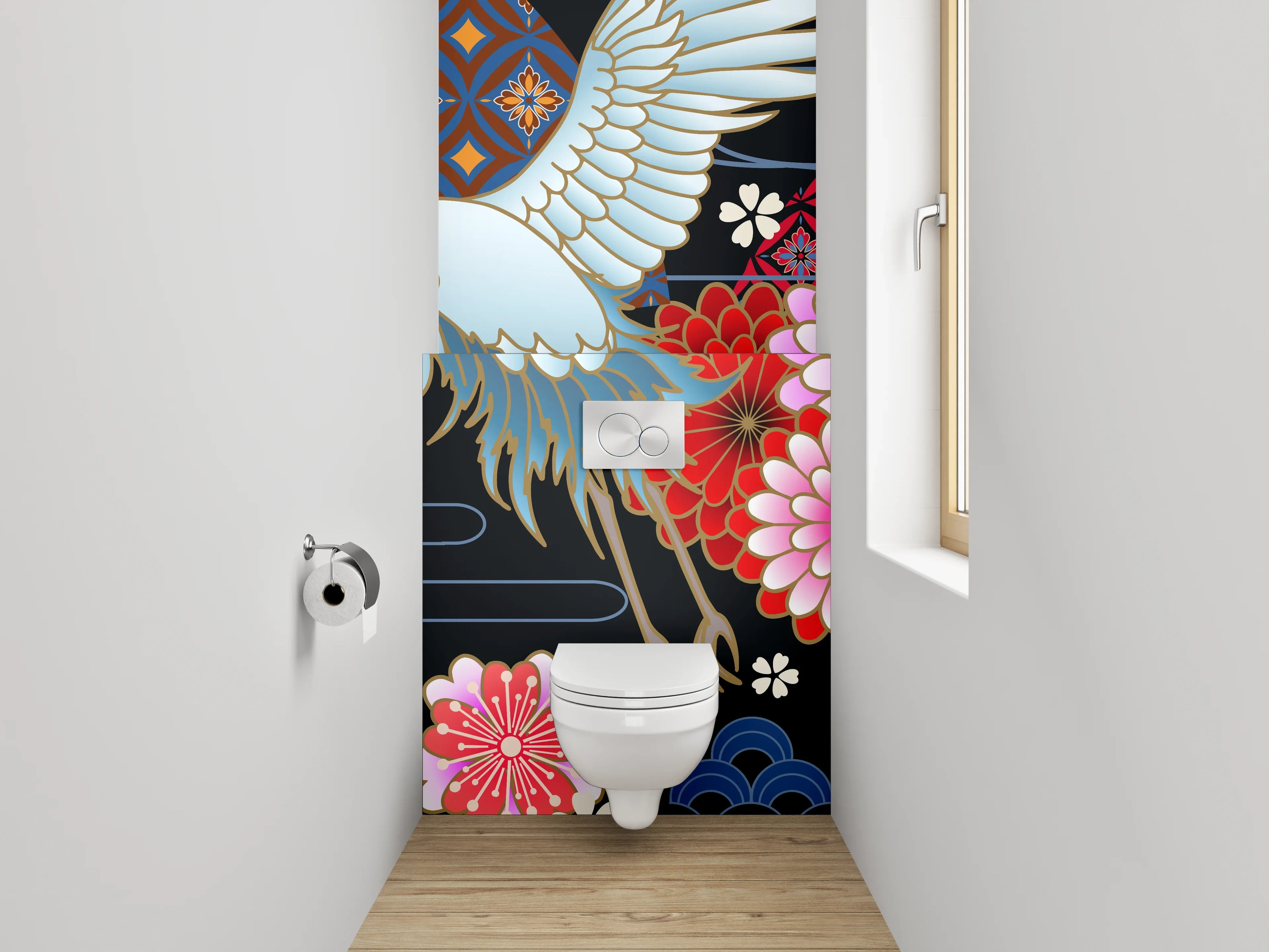 WC-Rückwand - Japanischer Kranich mit Blumenmuster