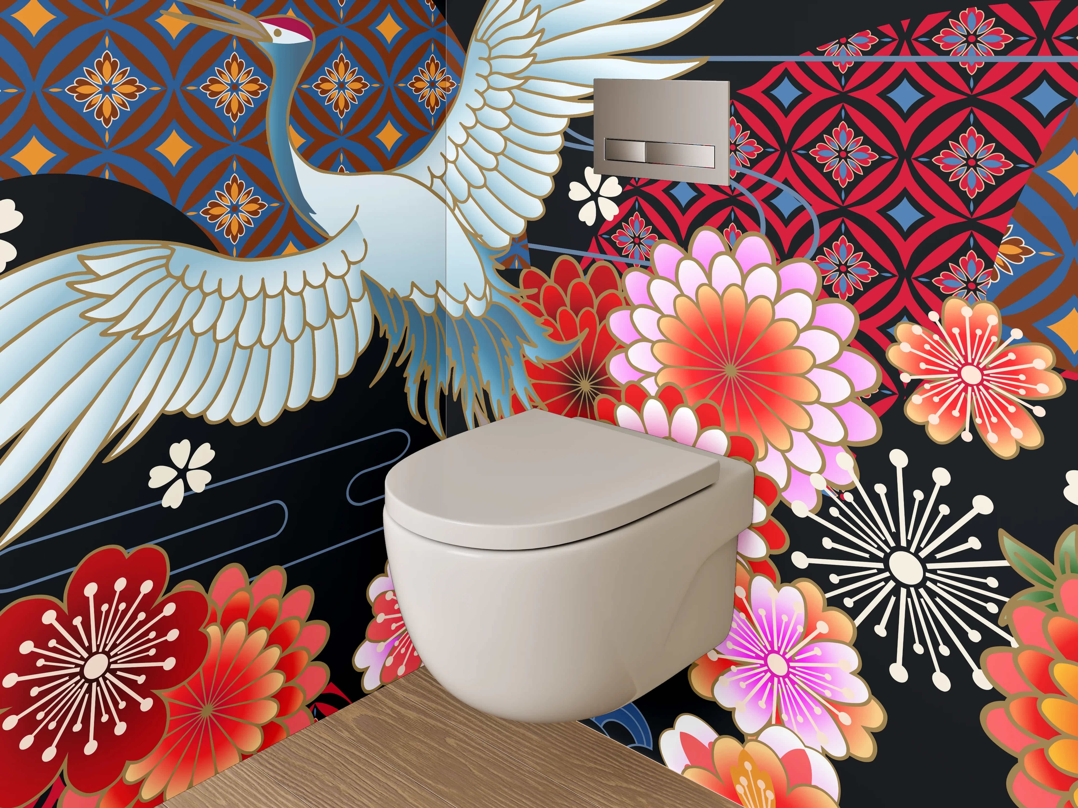 WC-Rückwand - Japanischer Kranich mit Blumenmuster