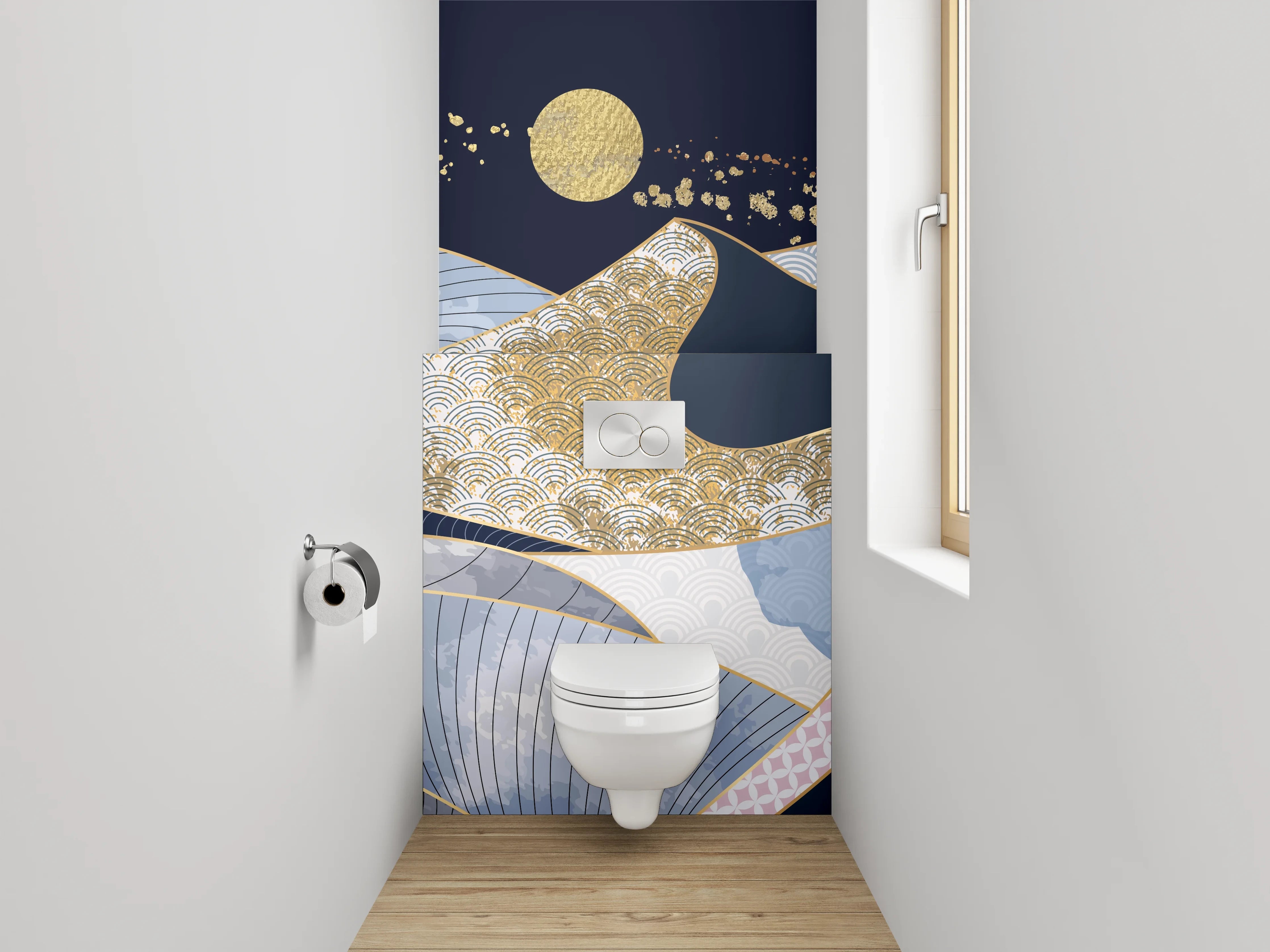 WC-Rückwand - Japanisches Bergpanorama im Art-Stil