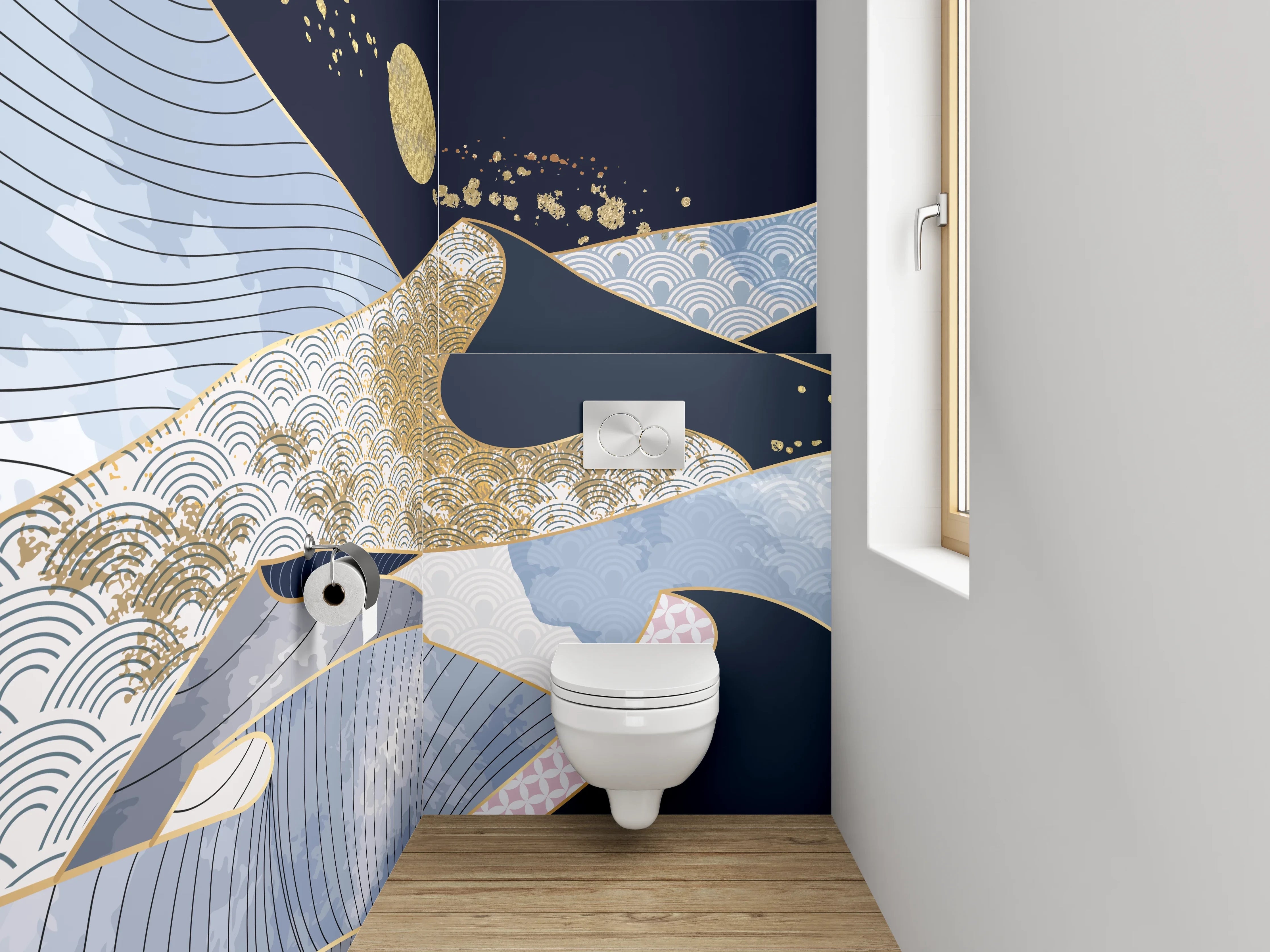WC-Rückwand - Japanisches Bergpanorama im Art-Stil