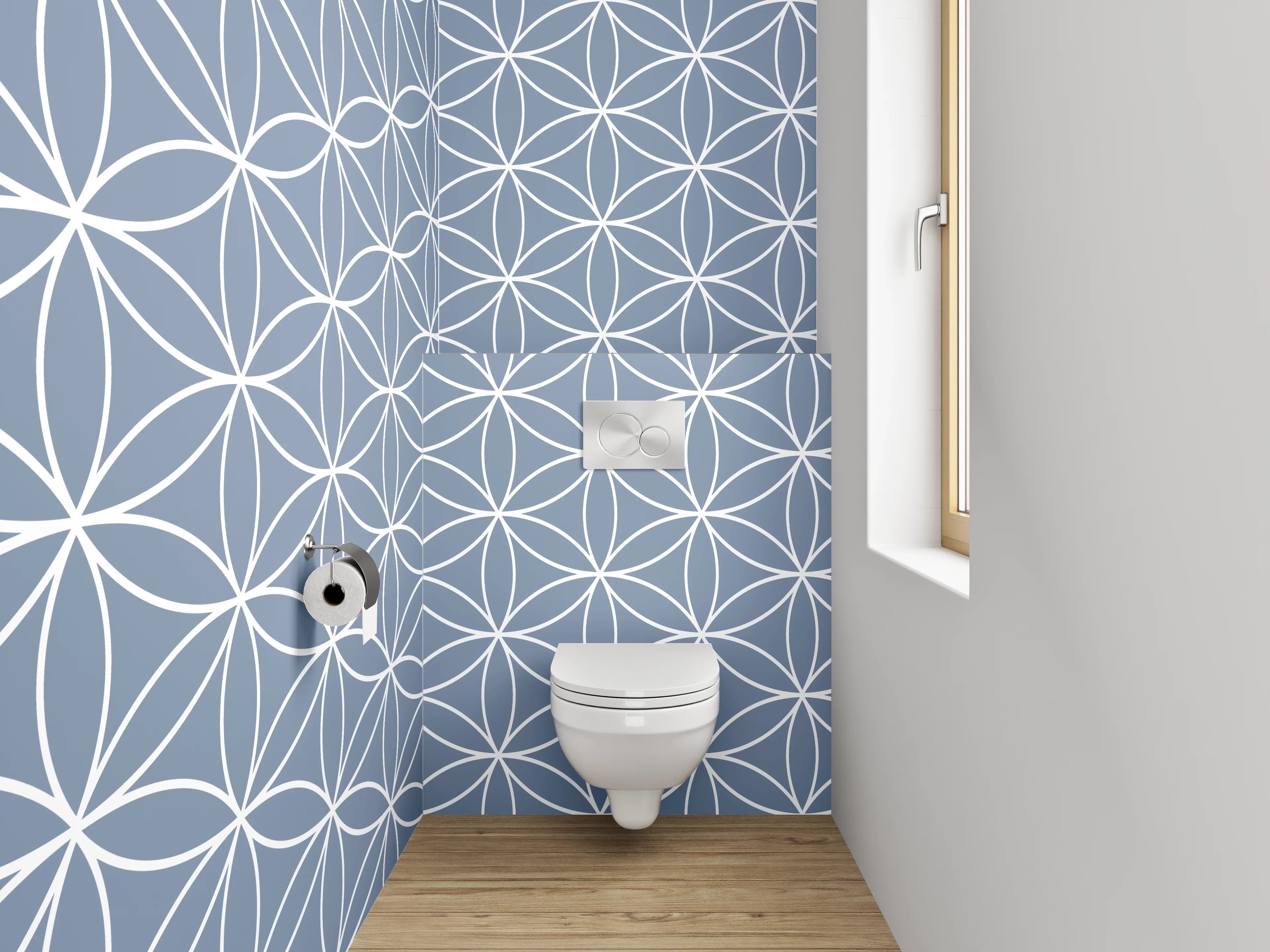 WC-Rückwand - Japanisches Blütenmuster in Blau-Weiß