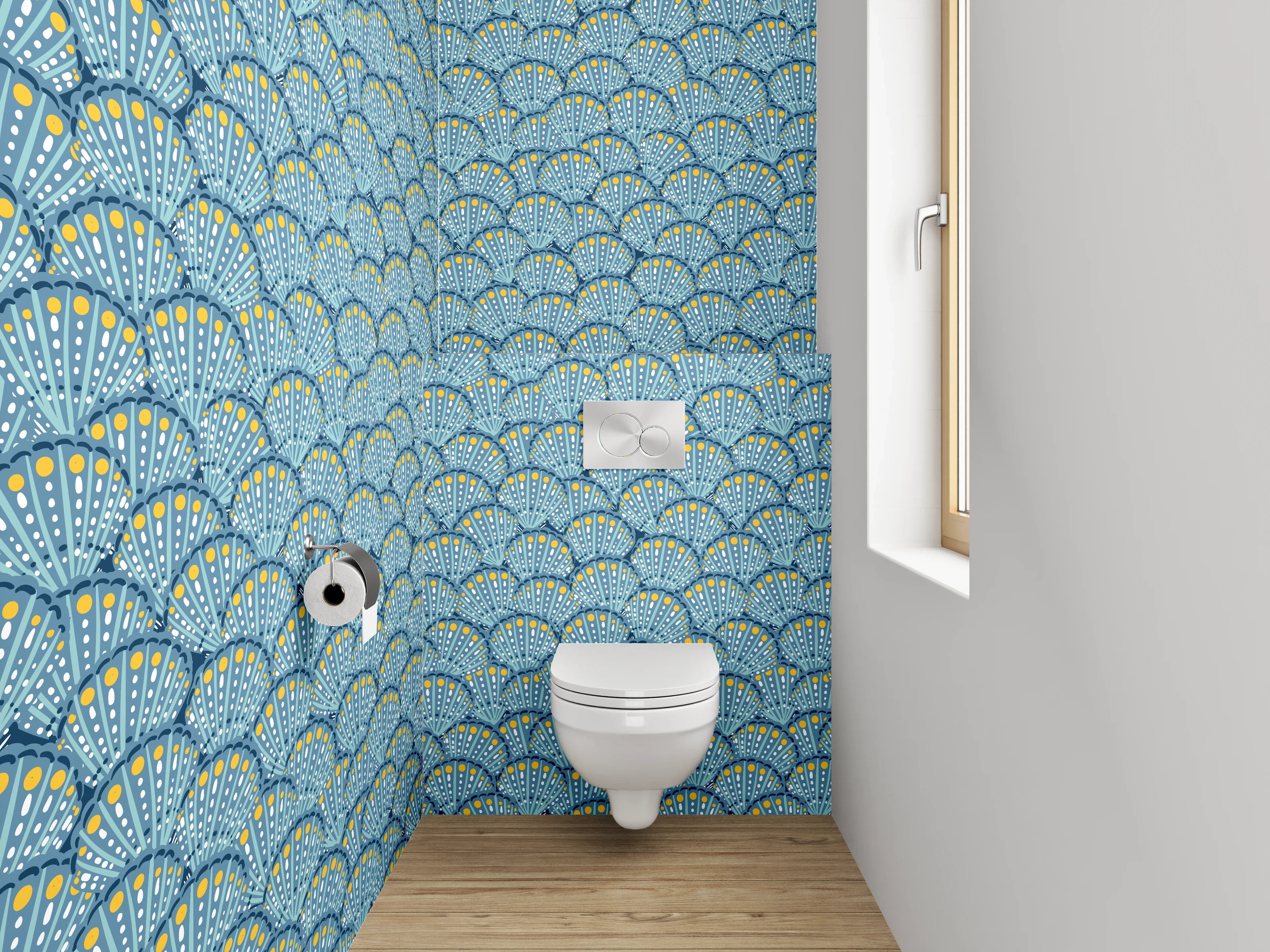 WC-Rückwand - Japanisches Fächer-Muster Blau Gelb