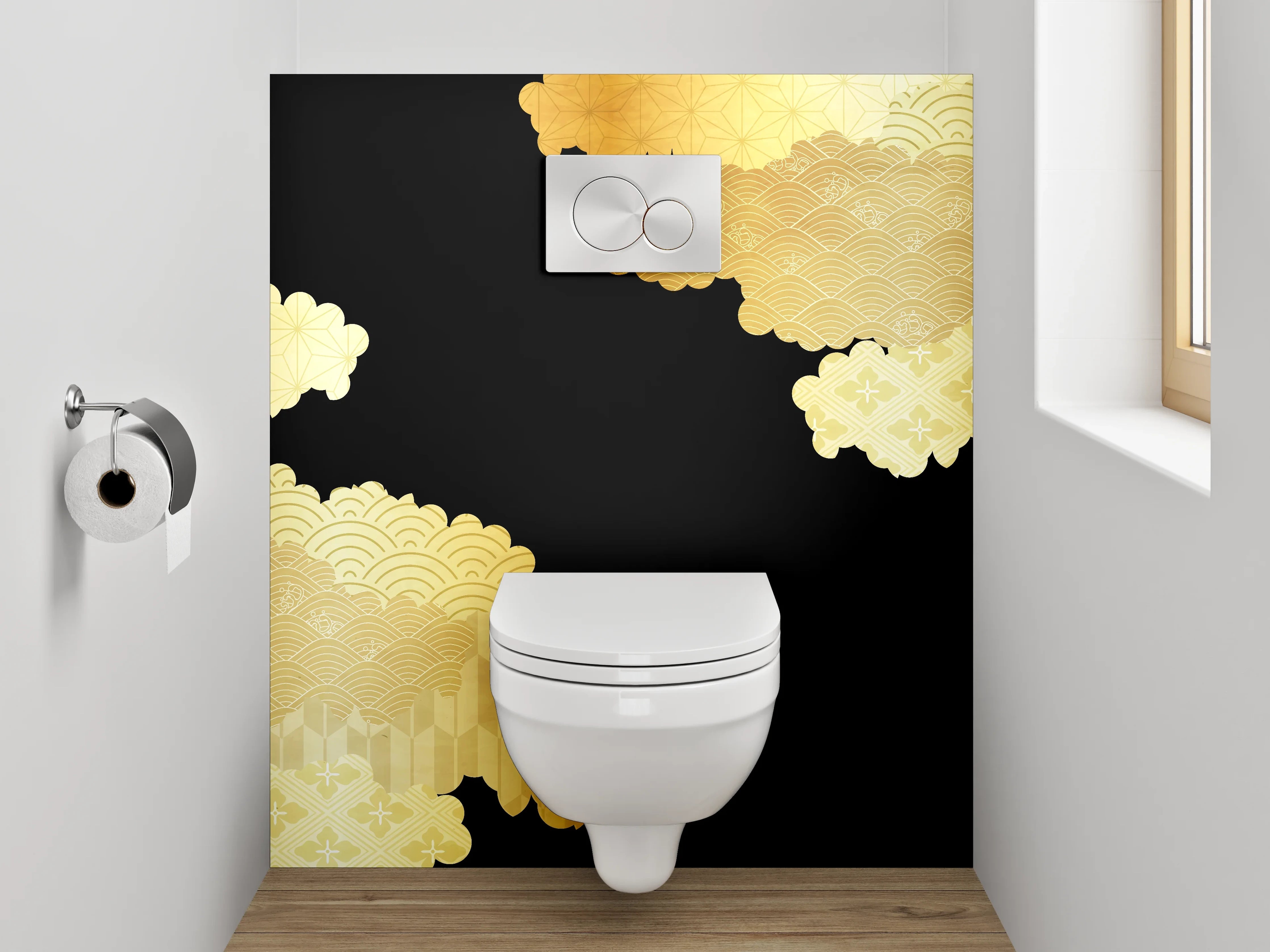 WC-Rückwand - Japanisches Goldmuster auf Schwarz