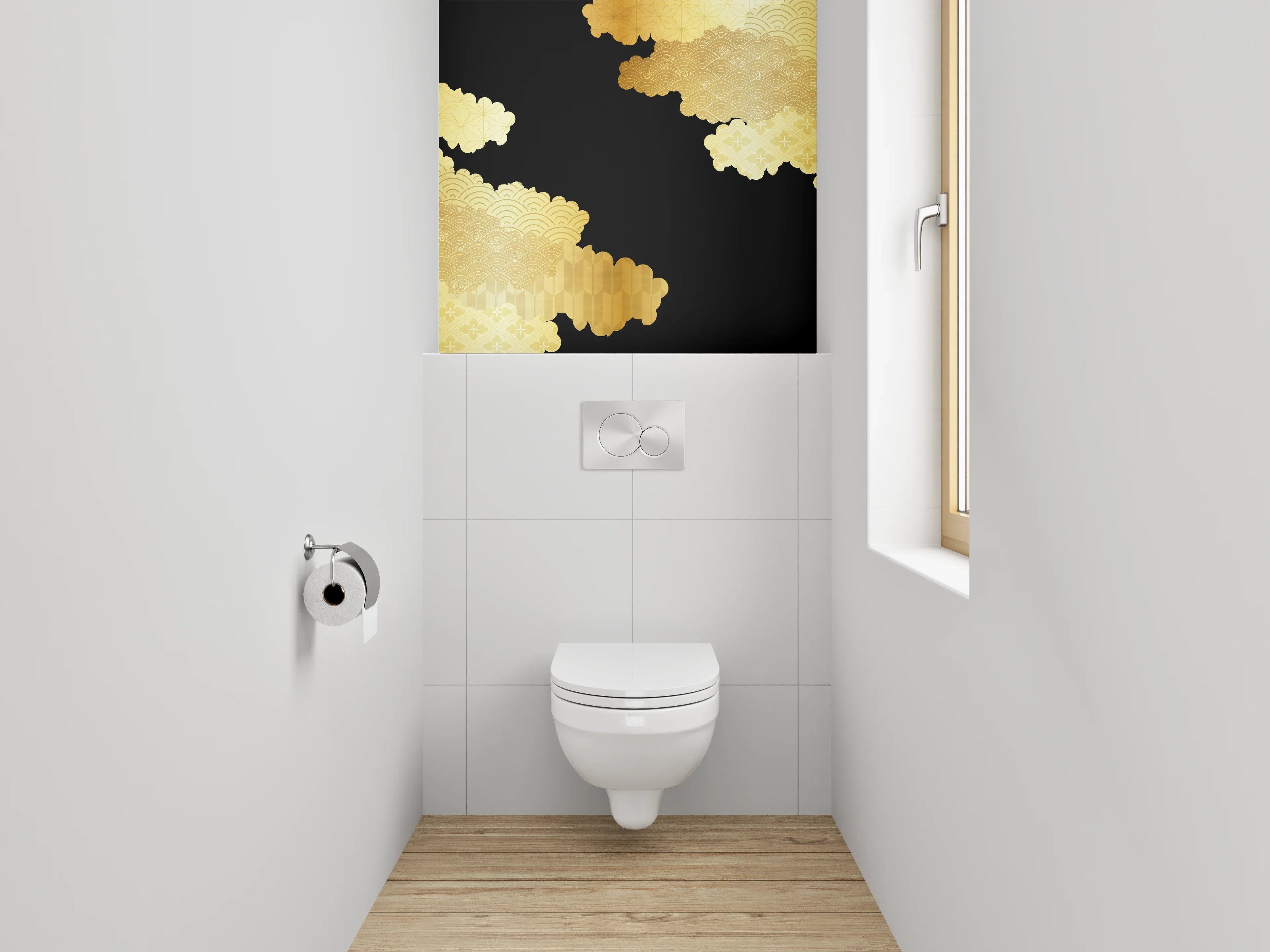 WC-Rückwand - Japanisches Goldmuster auf Schwarz