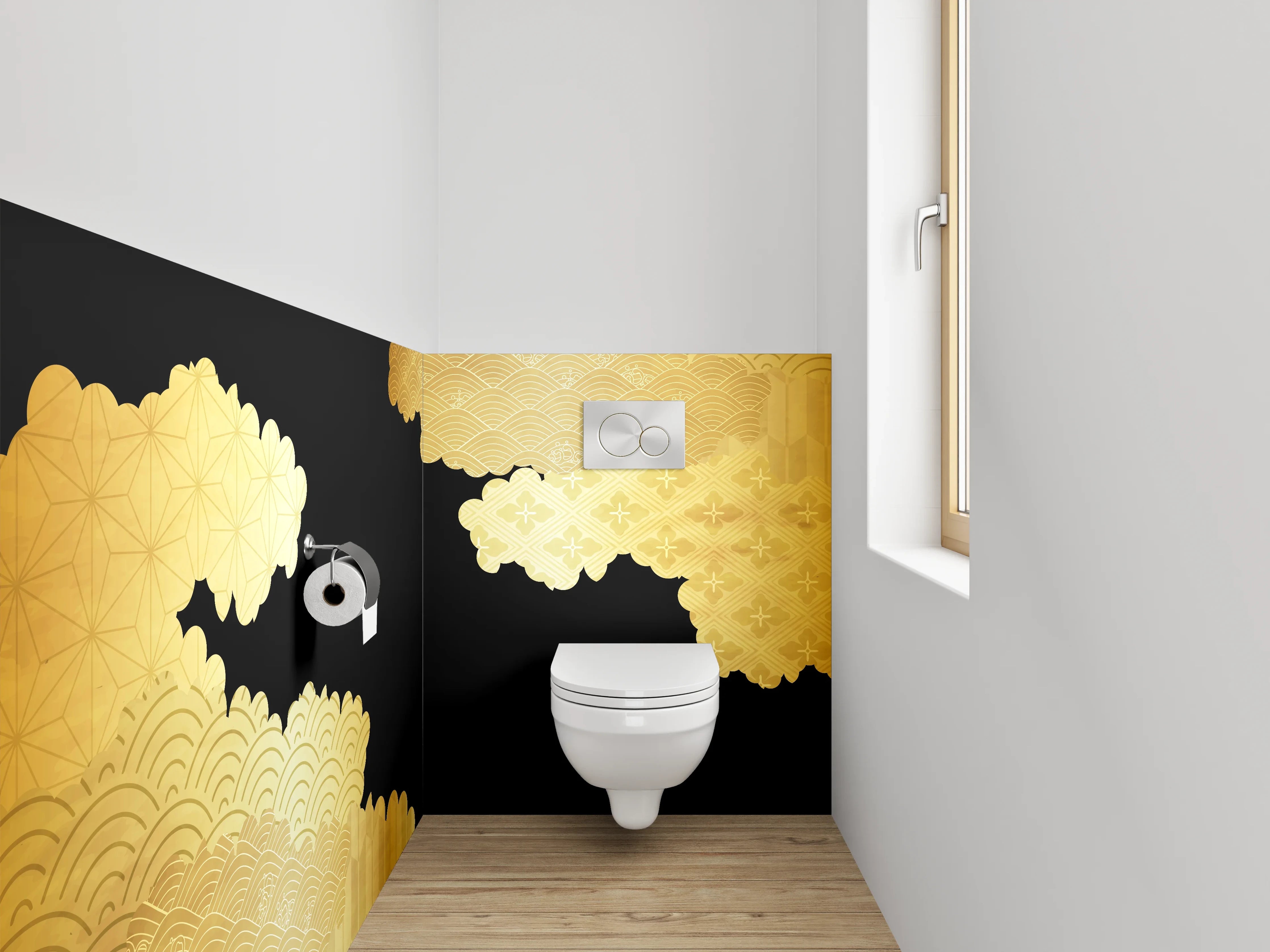 WC-Rückwand - Japanisches Goldmuster auf Schwarz