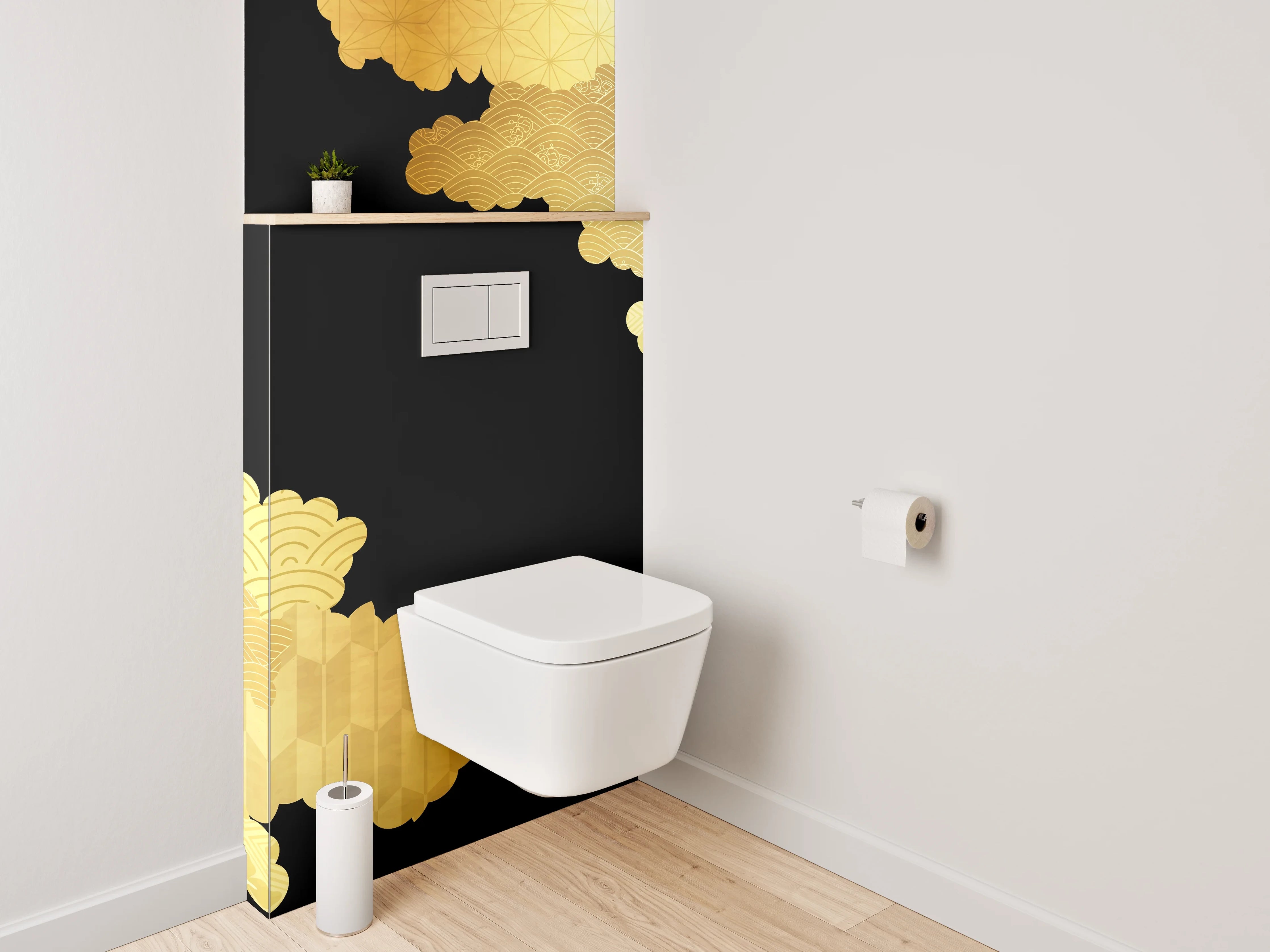 WC-Rückwand - Japanisches Goldmuster auf Schwarz
