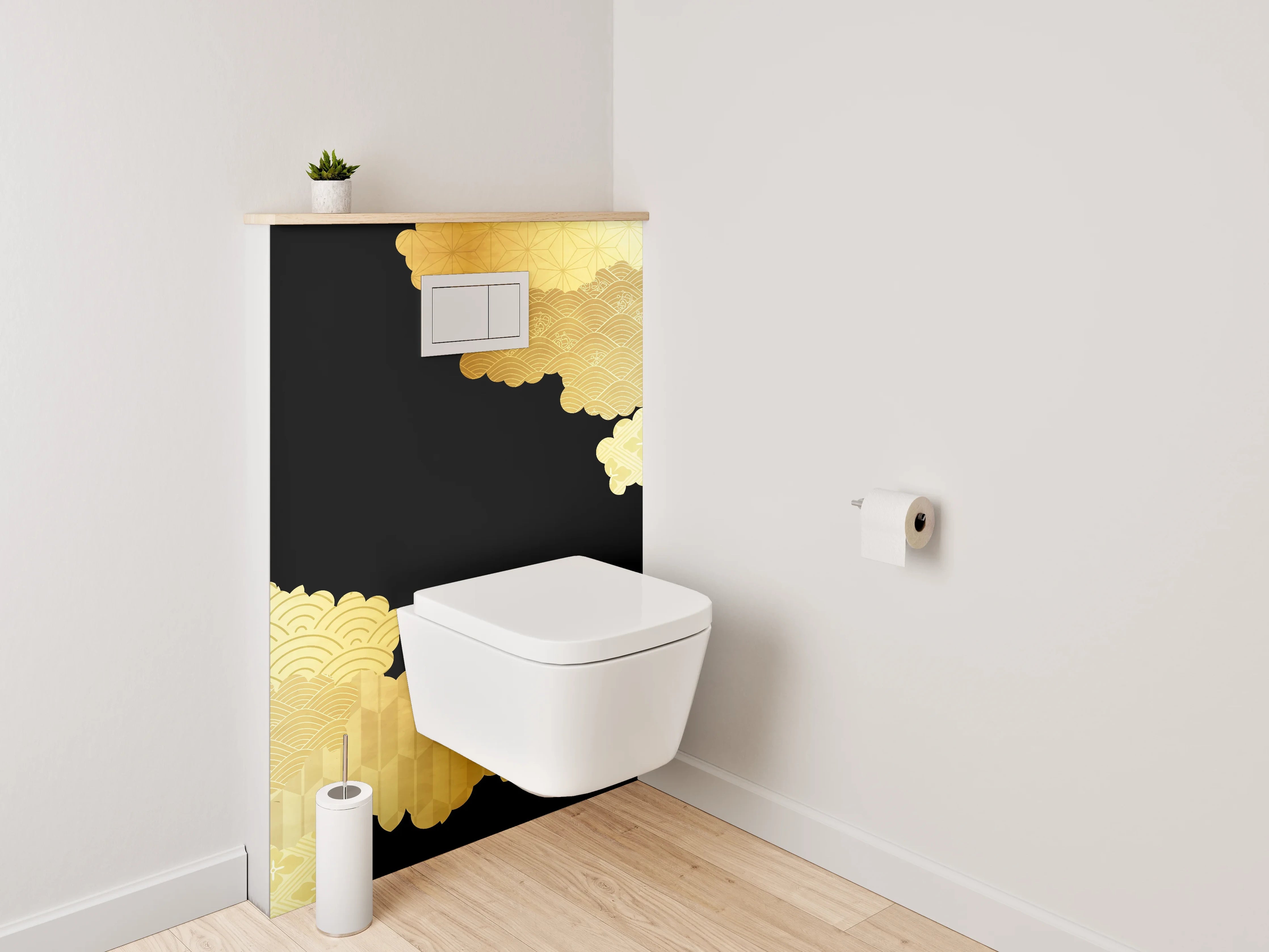 WC-Rückwand - Japanisches Goldmuster auf Schwarz
