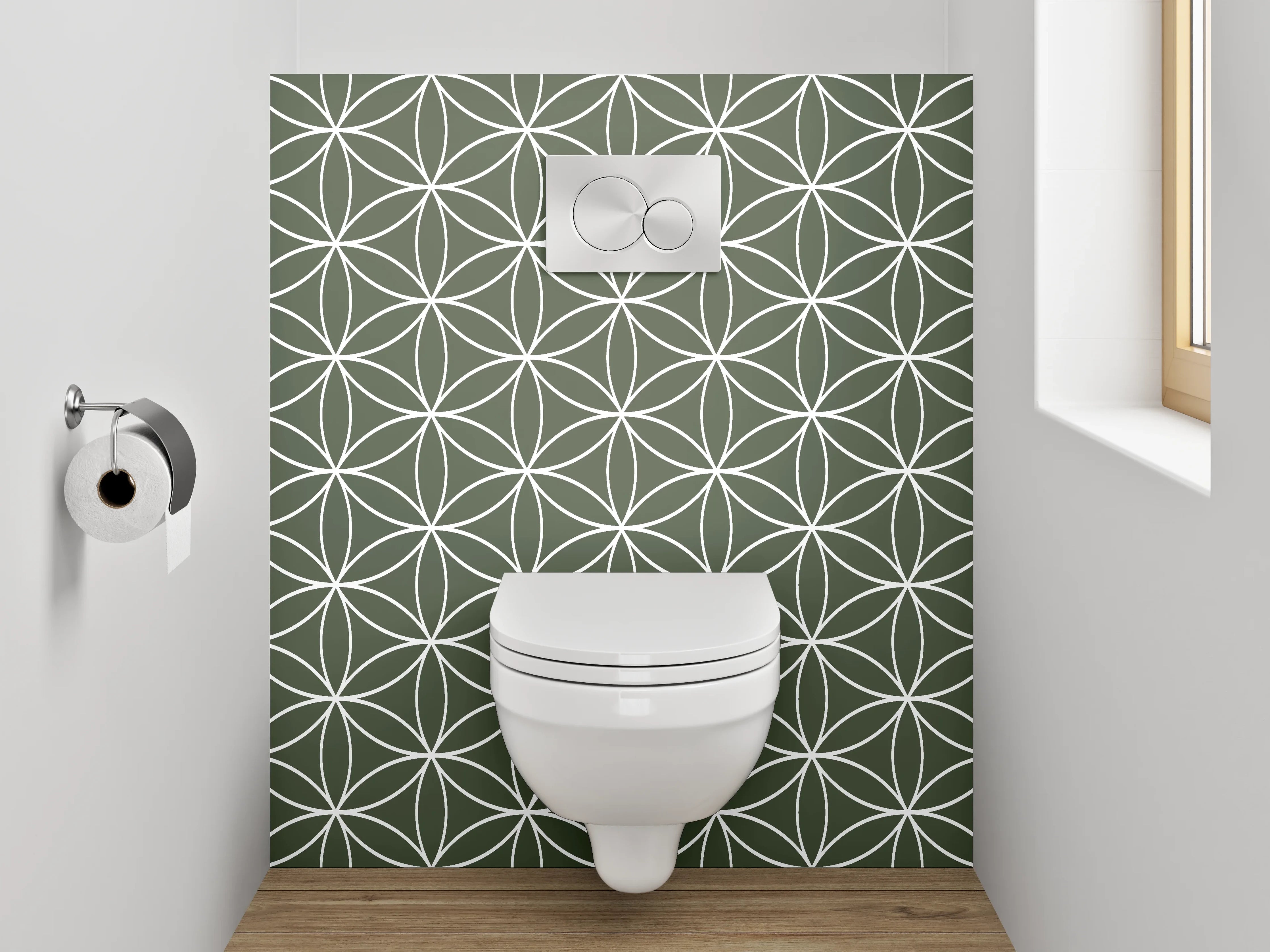 WC-Rückwand - Japanisches Seigaiha Muster Olivgrün Weiß